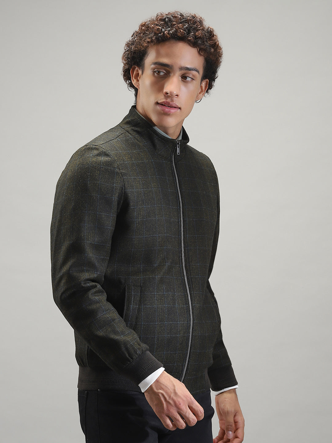 Men Olive Solid Band Collar Full Sleeve Jacket