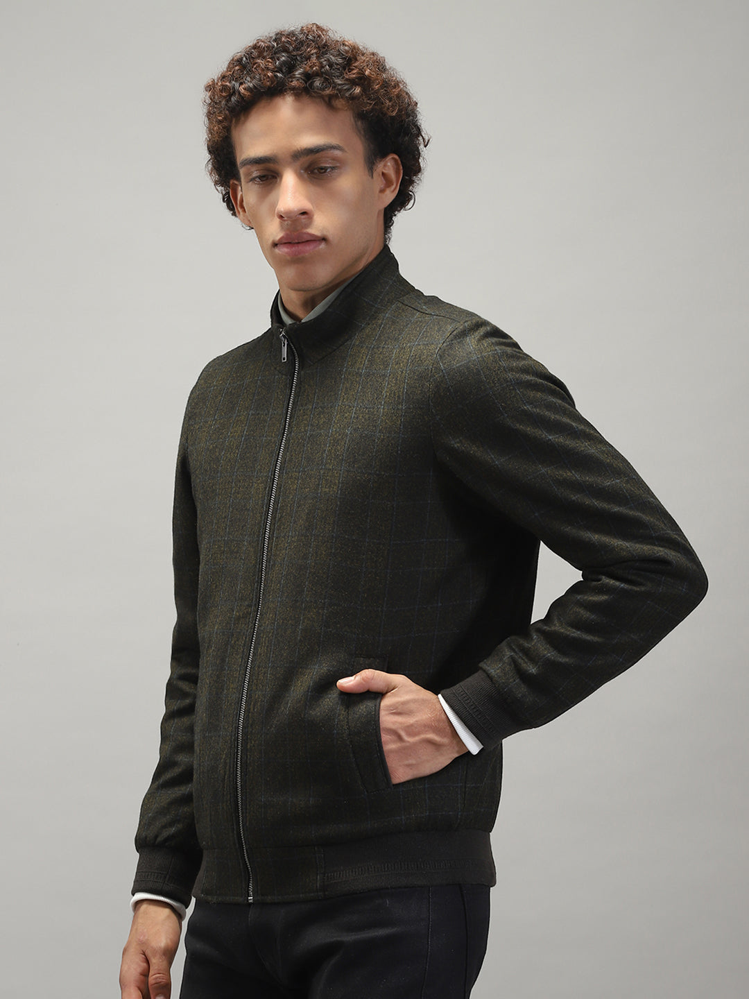 Men Olive Solid Band Collar Full Sleeve Jacket