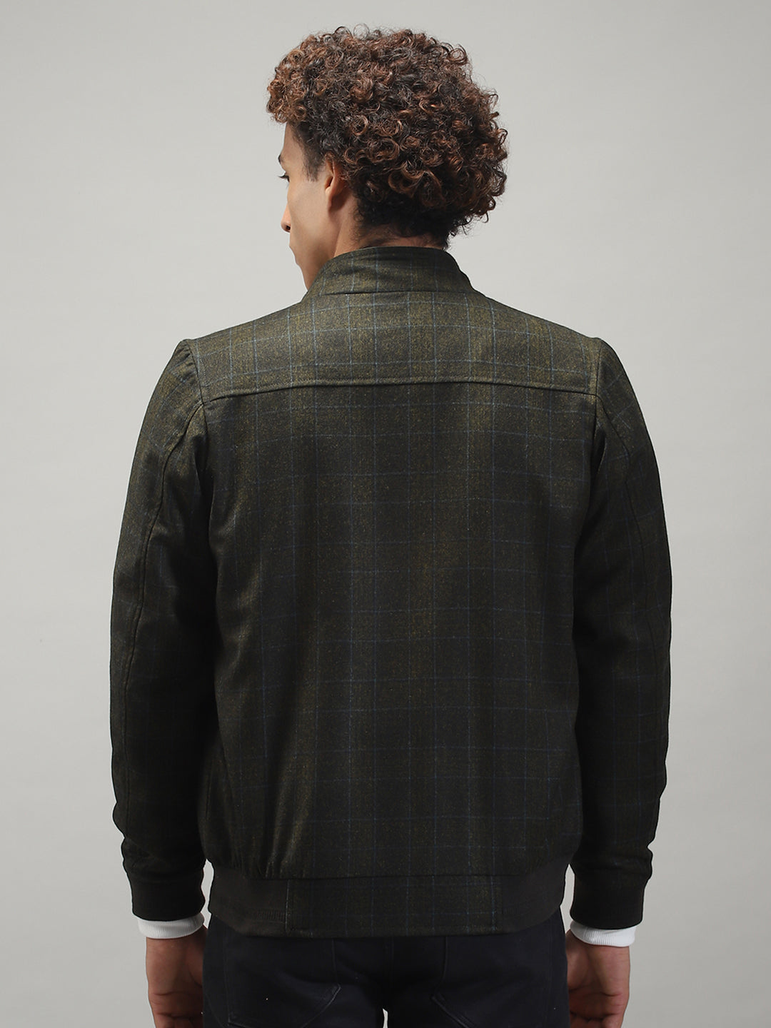 Men Olive Solid Band Collar Full Sleeve Jacket