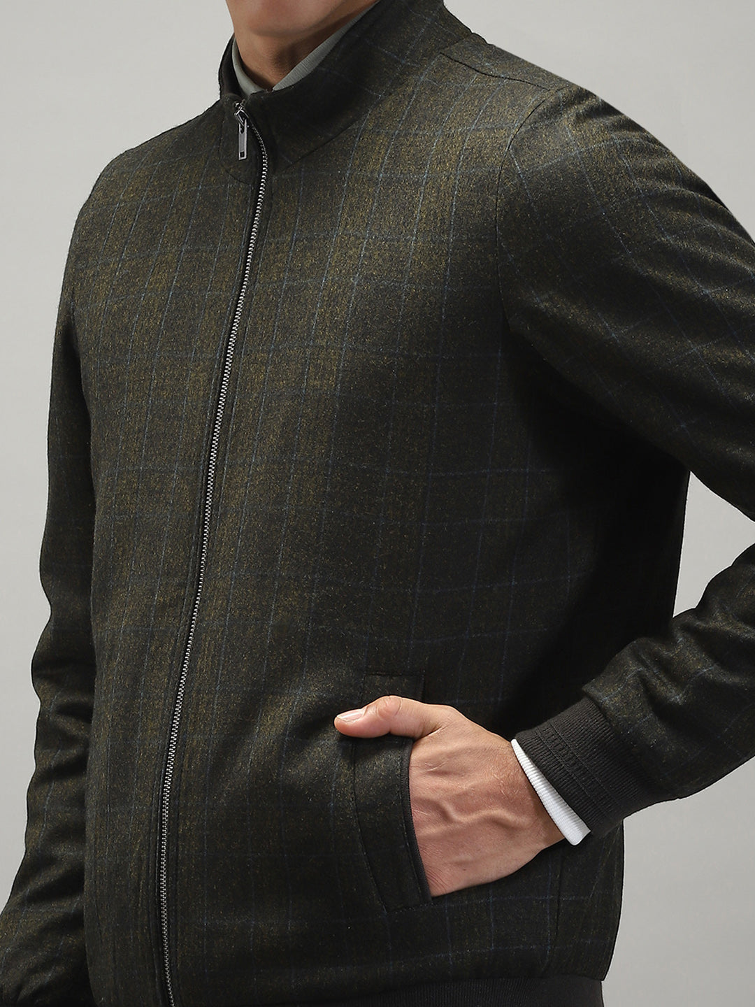 Men Olive Solid Band Collar Full Sleeve Jacket