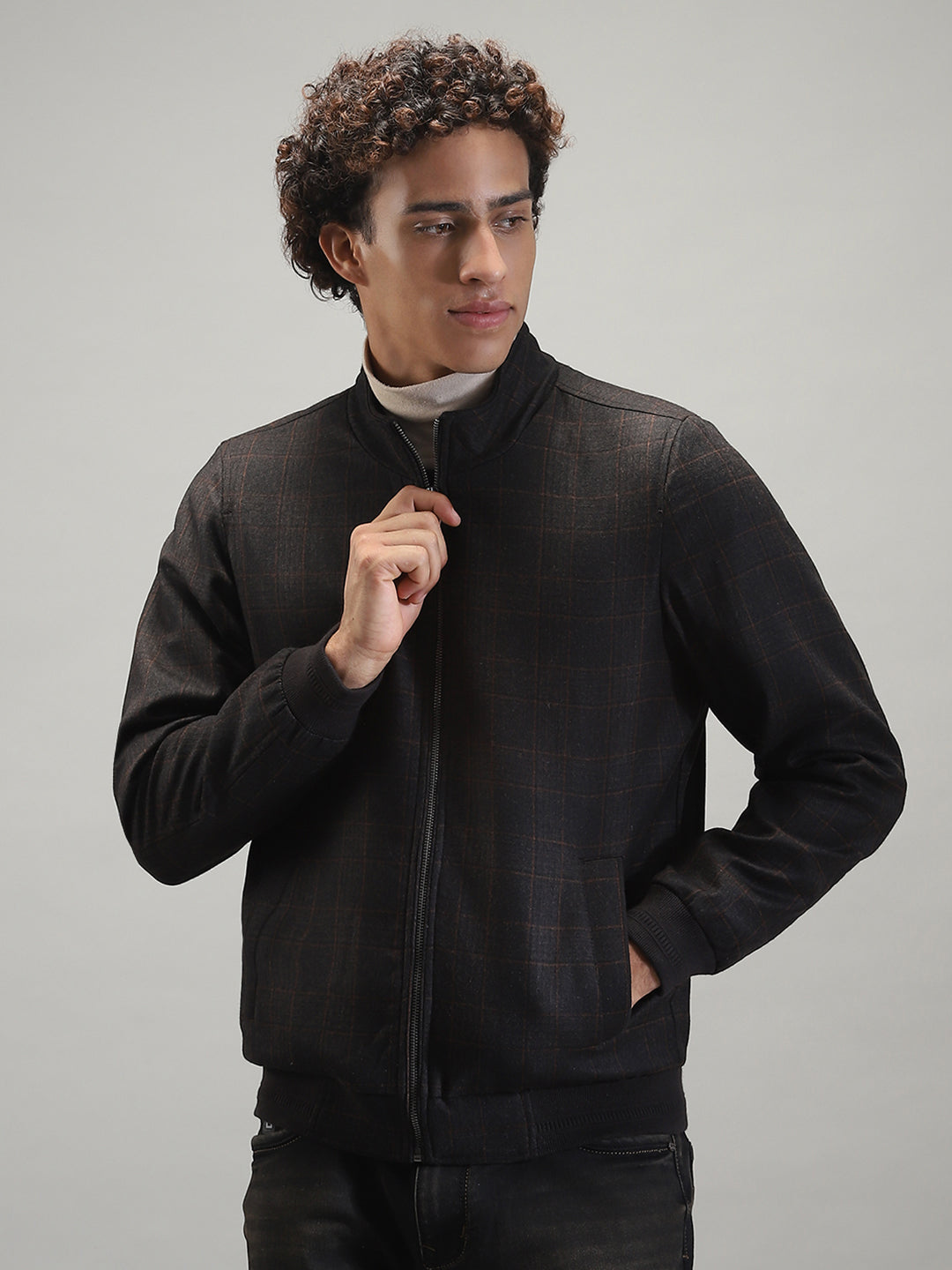 Men Grey Solid Band Collar Full Sleeve Jacket