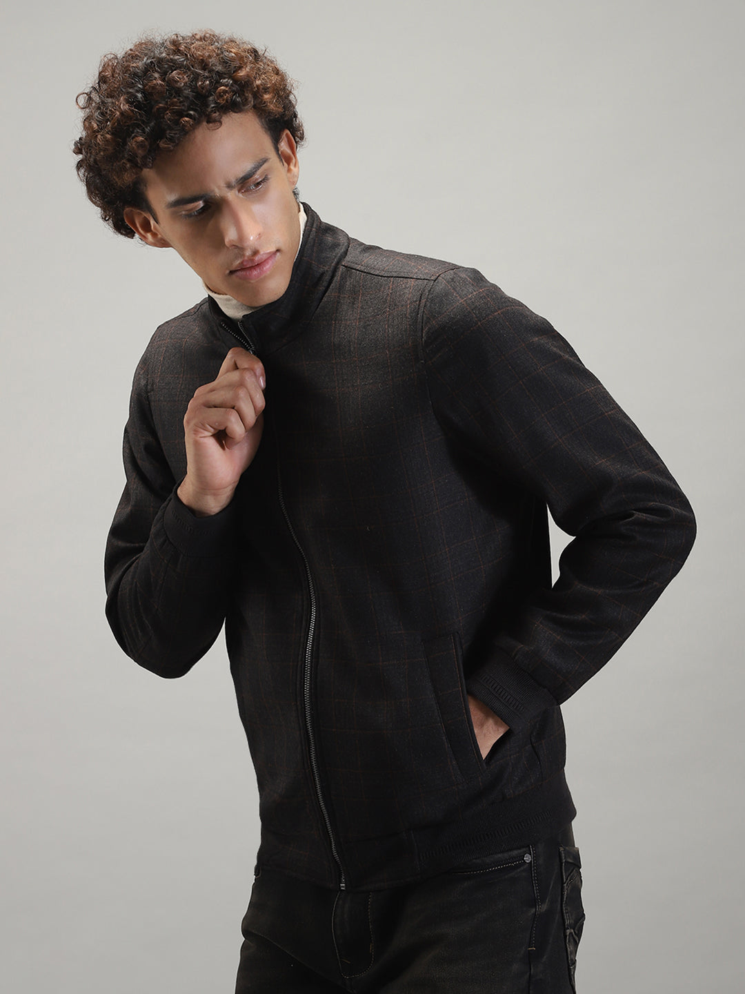 Men Grey Solid Band Collar Full Sleeve Jacket