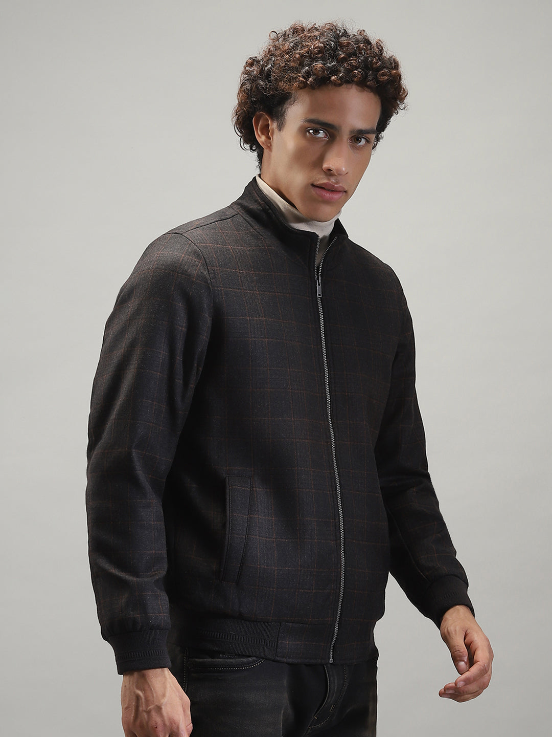 Men Grey Solid Band Collar Full Sleeve Jacket