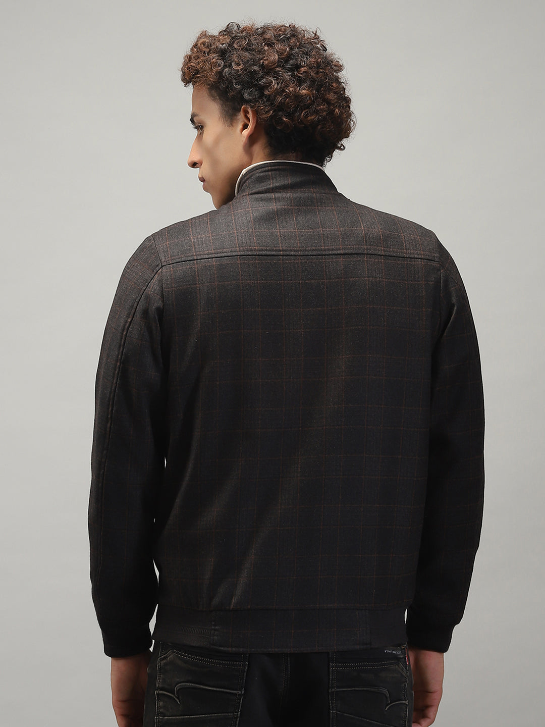 Men Grey Solid Band Collar Full Sleeve Jacket