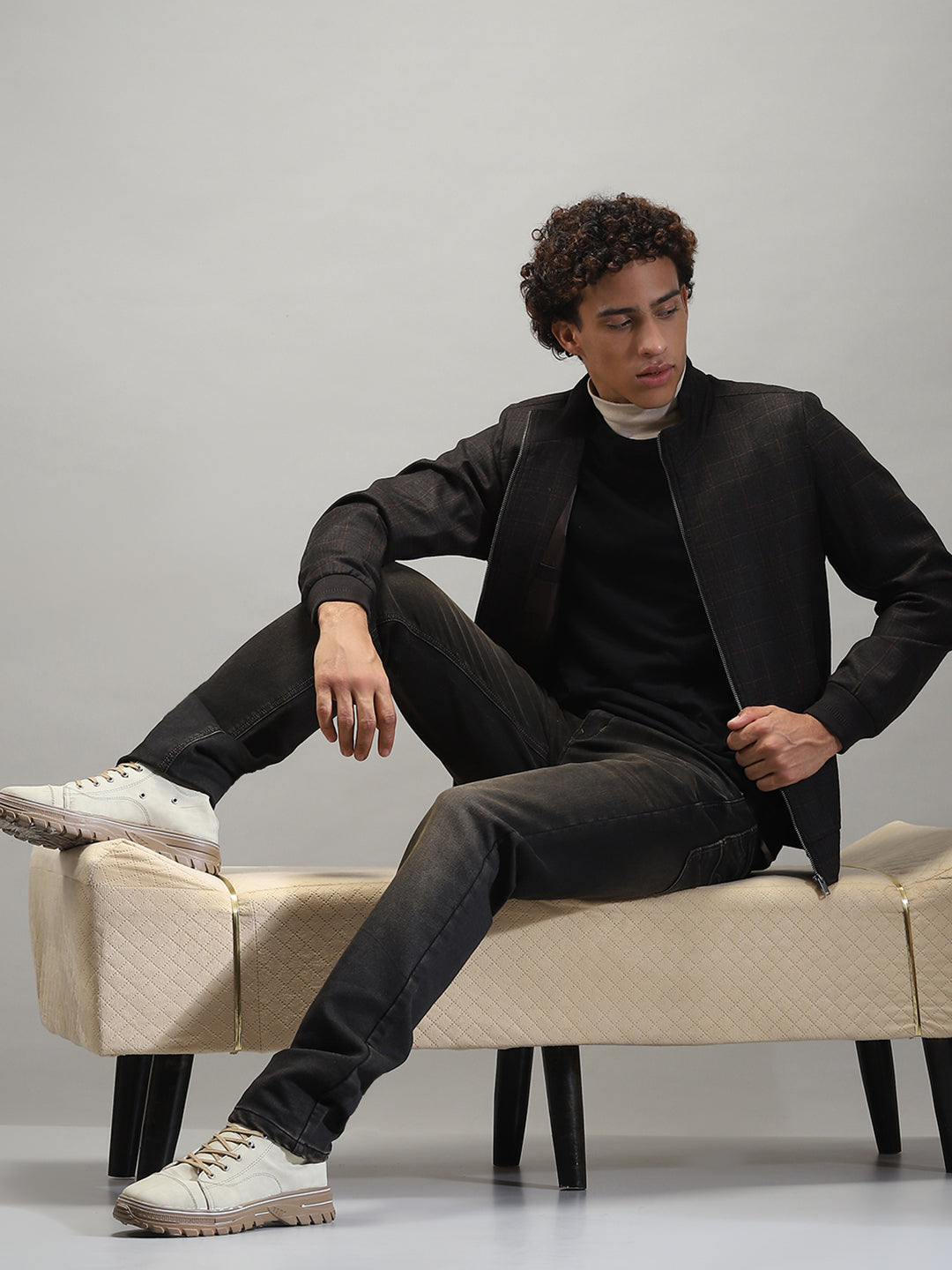 Men Grey Solid Band Collar Full Sleeve Jacket