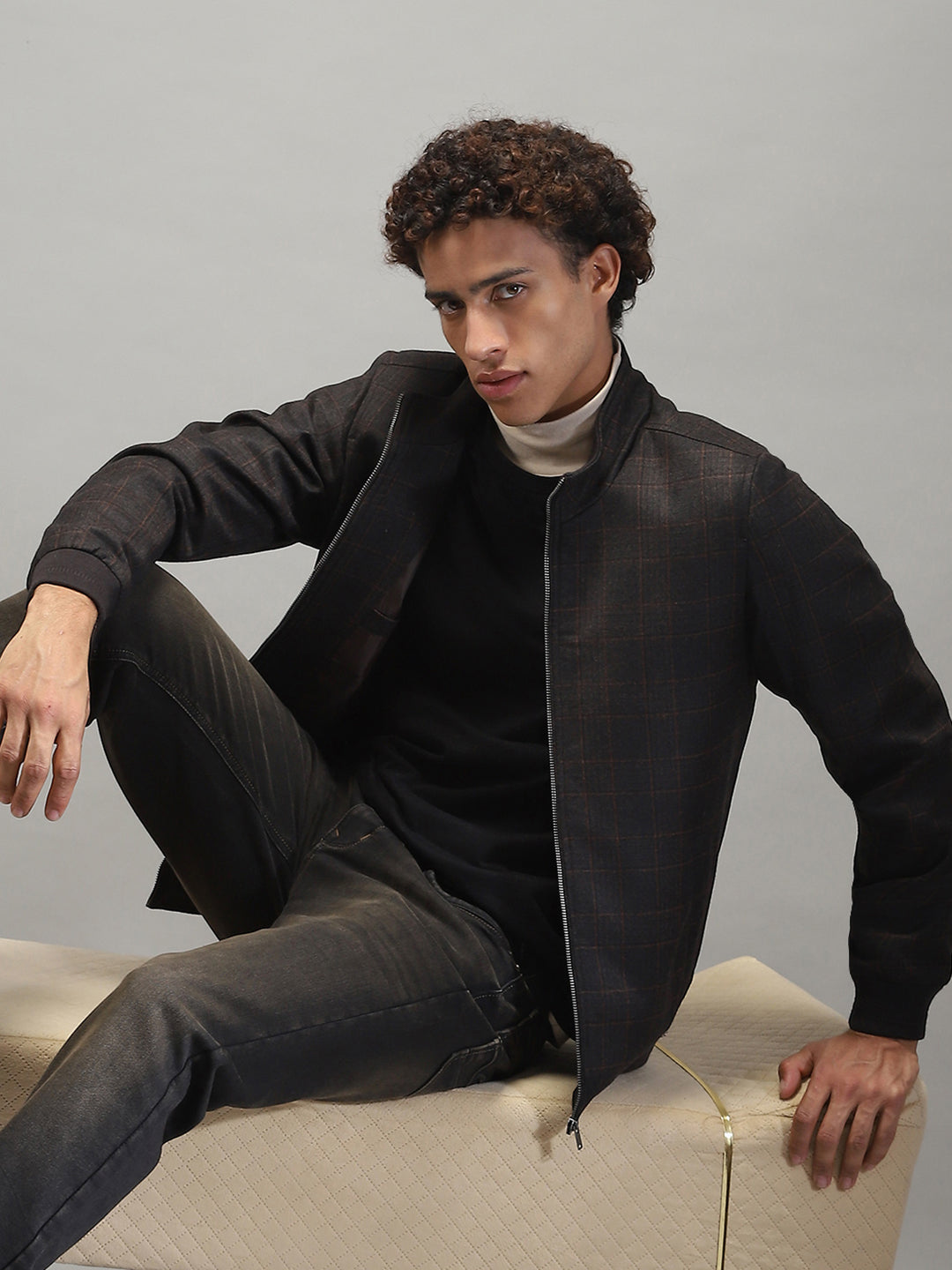 Men Grey Solid Band Collar Full Sleeve Jacket