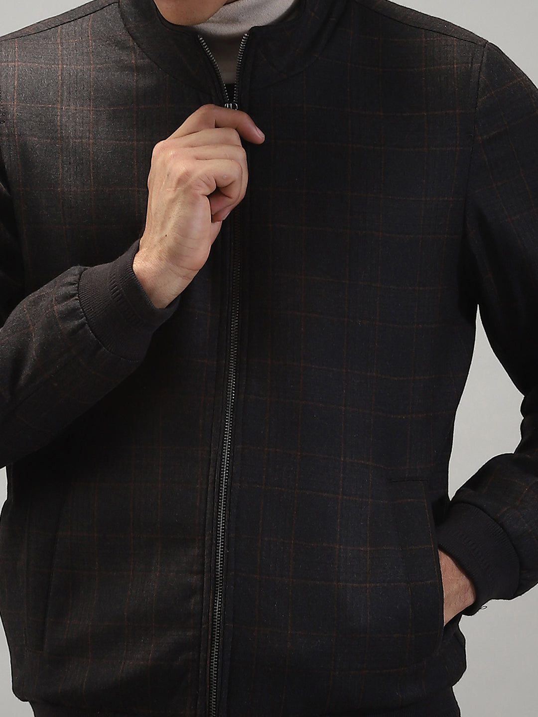 Men Grey Solid Band Collar Full Sleeve Jacket