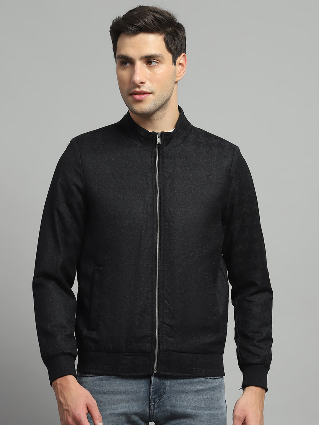 Luxuria Men Black Solid Mock Neck Full Sleeve Jacket
