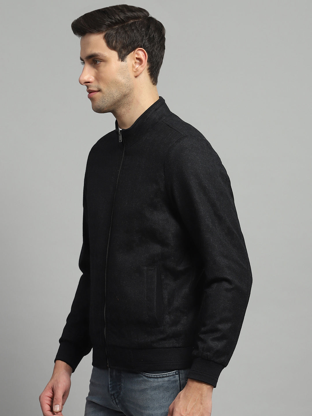 Luxuria Men Black Solid Mock Neck Full Sleeve Jacket