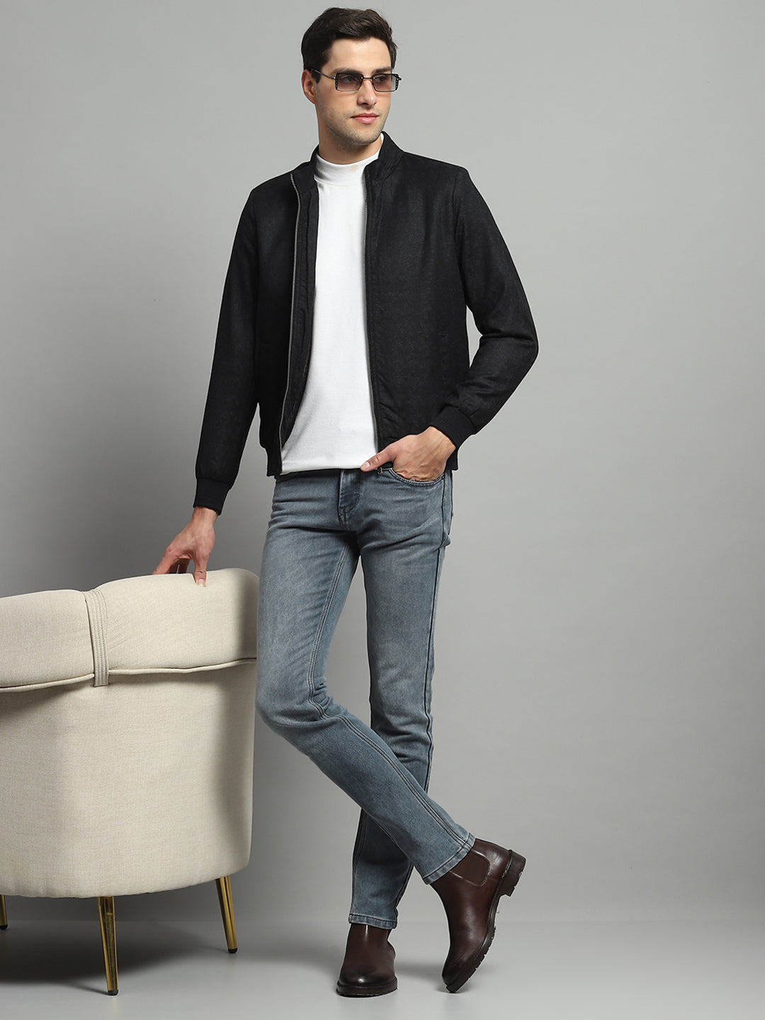 Luxuria Men Black Solid Mock Neck Full Sleeve Jacket