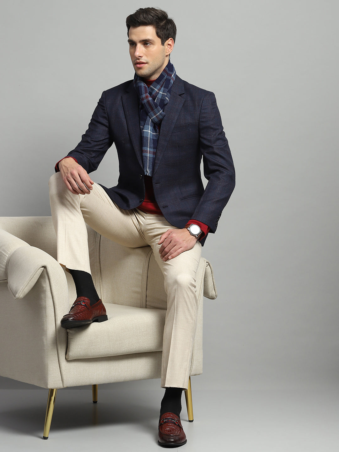 Luxuria Men Blue Solid Notch Lapel Collar Full Sleeve Coat