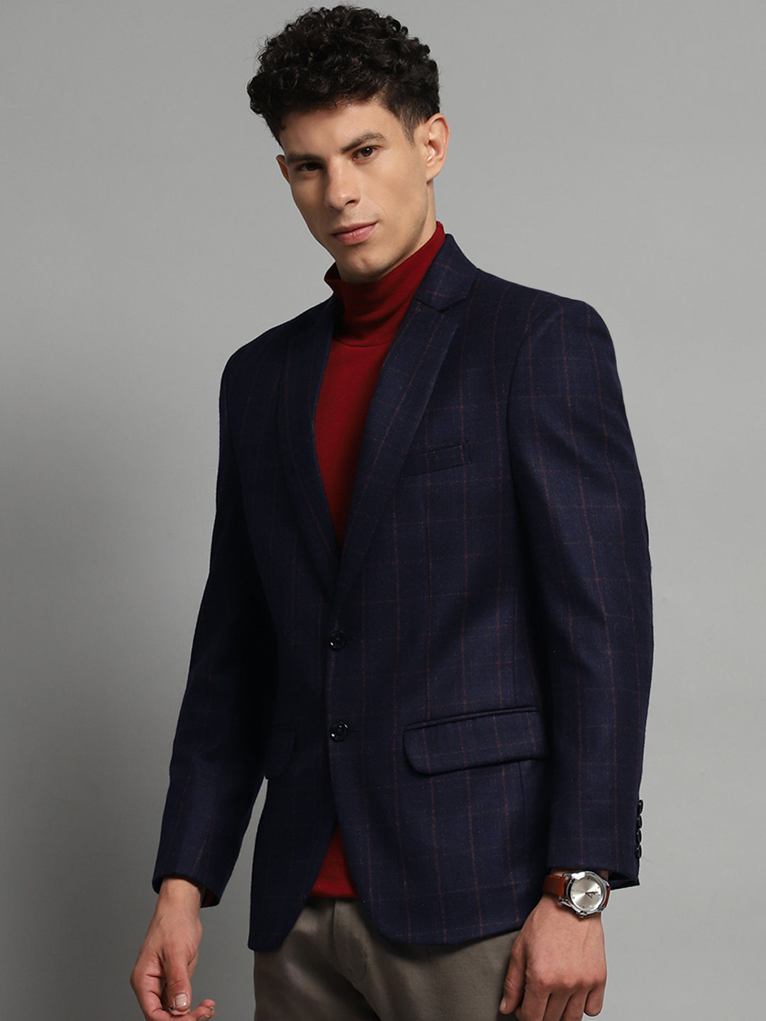 Luxuria Men Navy Blue Check Notch Lapel Collar Full Sleeve Blazer