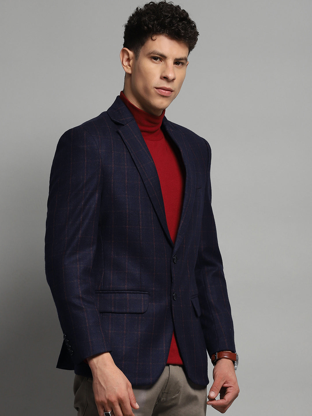 Luxuria Men Navy Blue Check Notch Lapel Collar Full Sleeve Blazer