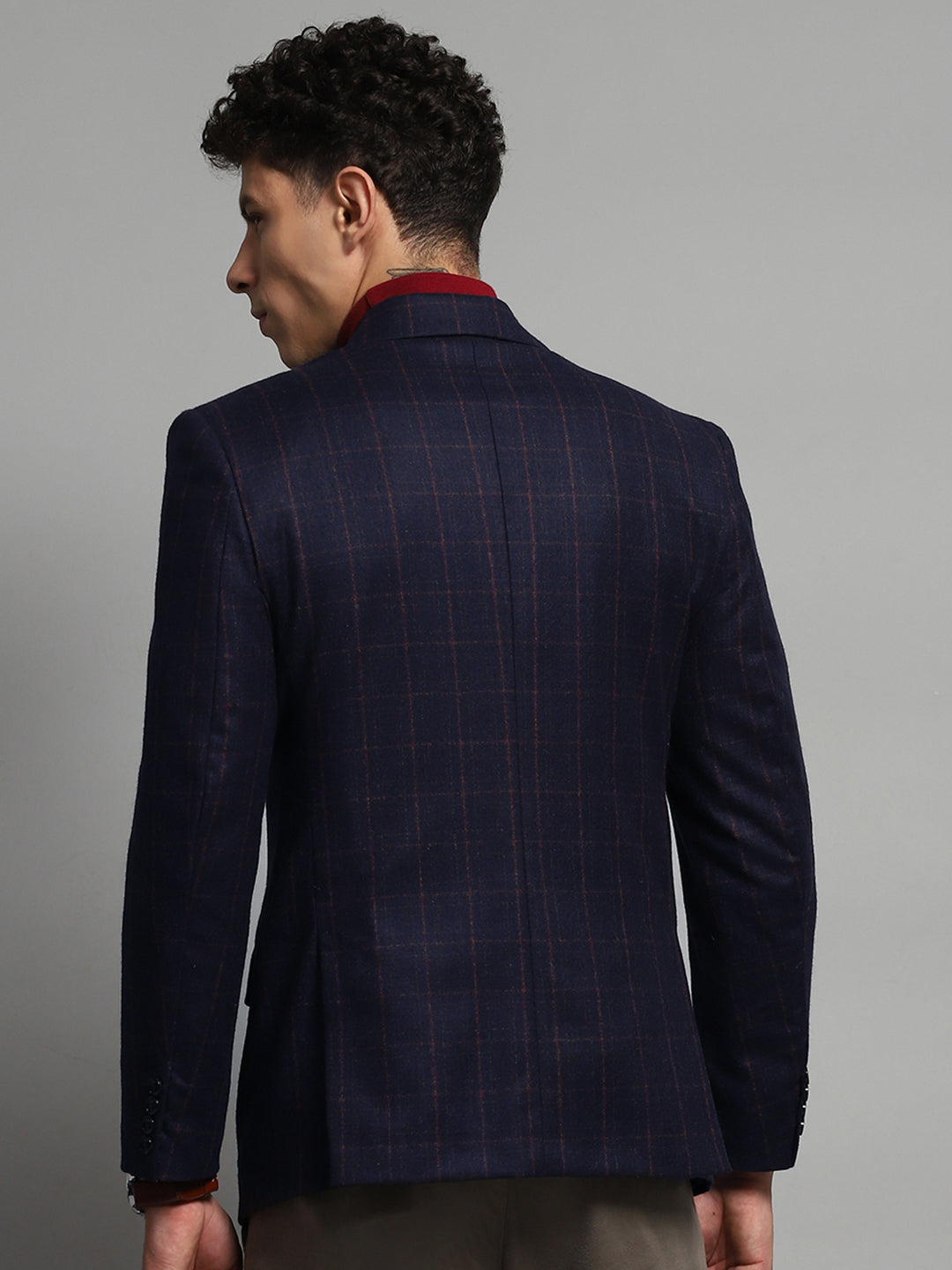 Luxuria Men Navy Blue Check Notch Lapel Collar Full Sleeve Blazer