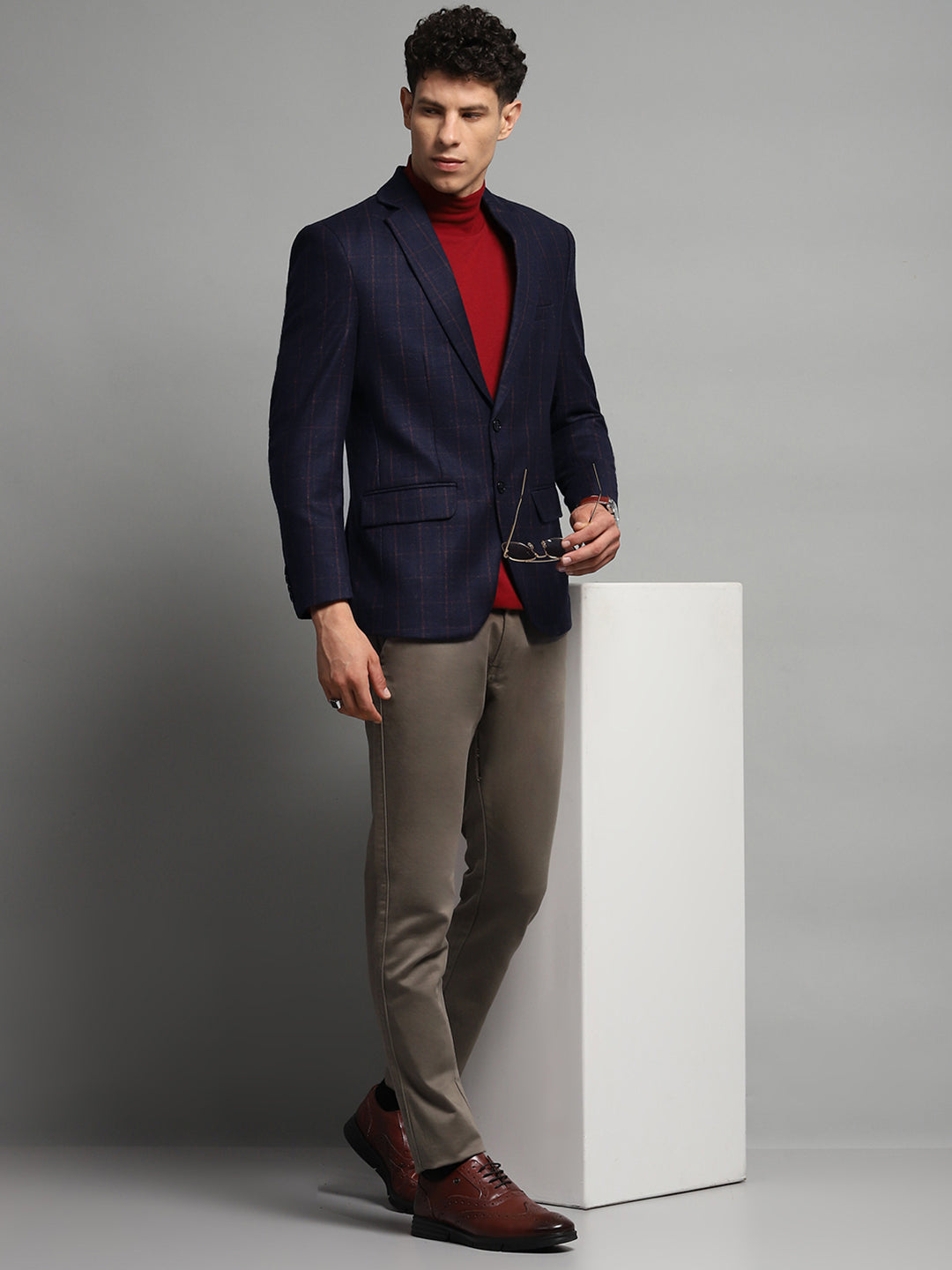 Luxuria Men Navy Blue Check Notch Lapel Collar Full Sleeve Blazer