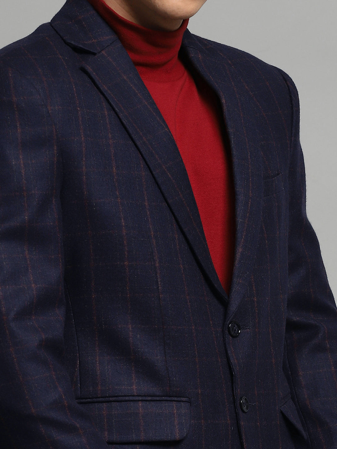 Luxuria Men Navy Blue Check Notch Lapel Collar Full Sleeve Blazer