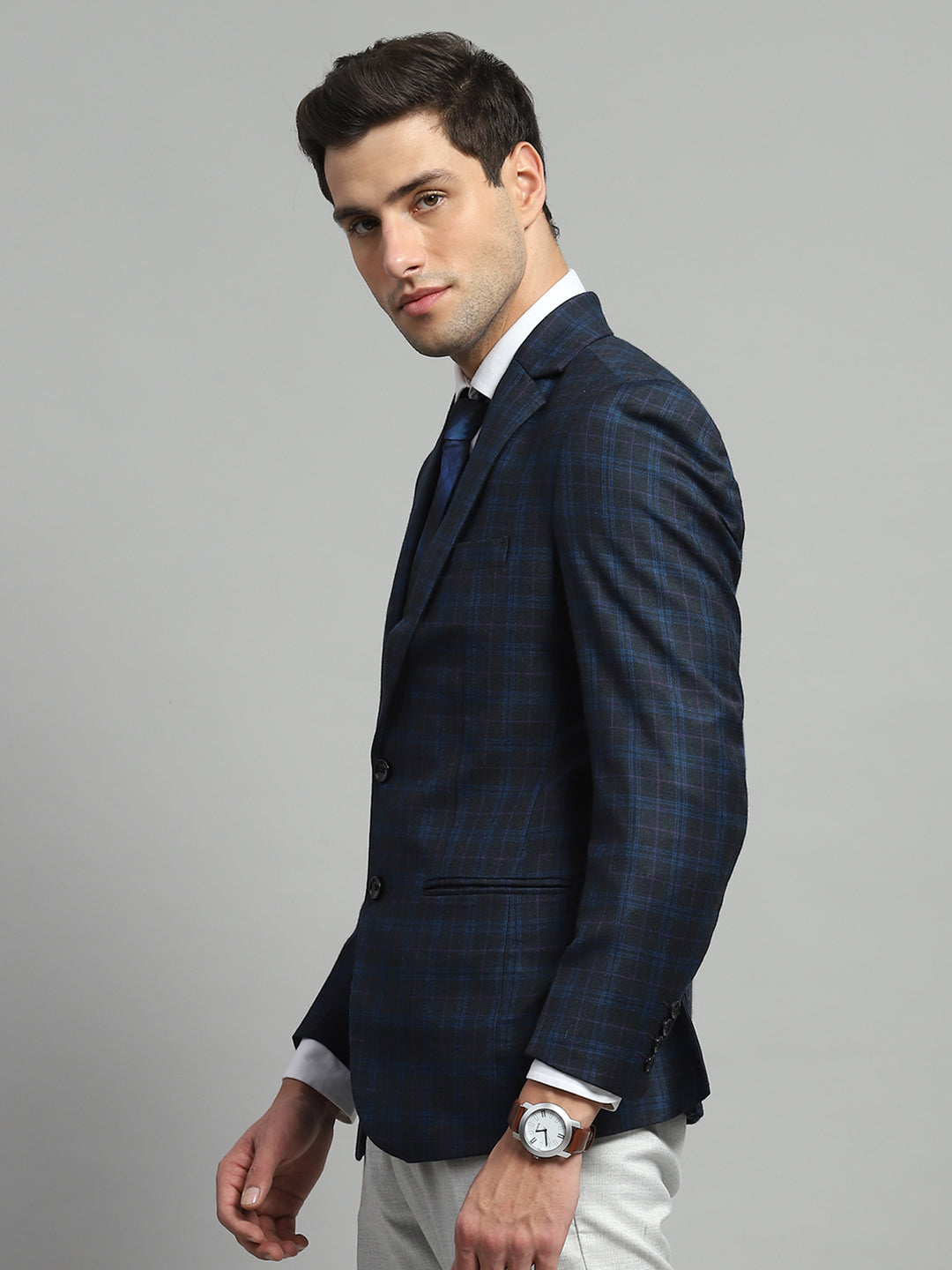 Luxuria Men Blue Solid Notch Lapel Collar Full Sleeve Coat