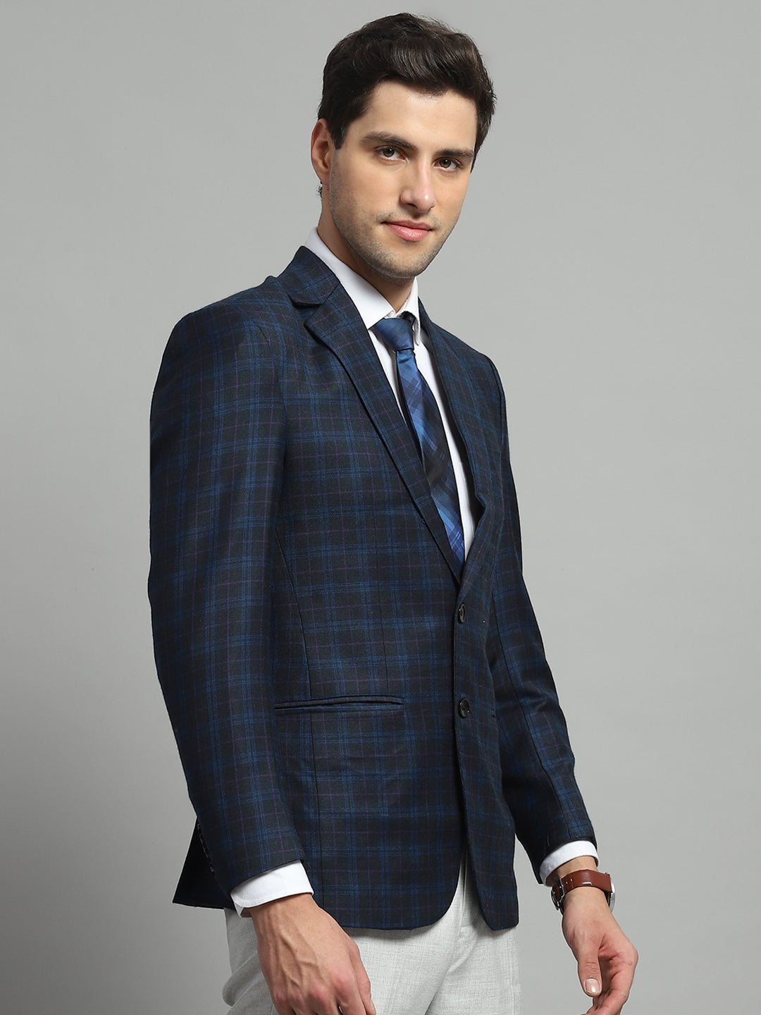 Luxuria Men Blue Solid Notch Lapel Collar Full Sleeve Coat