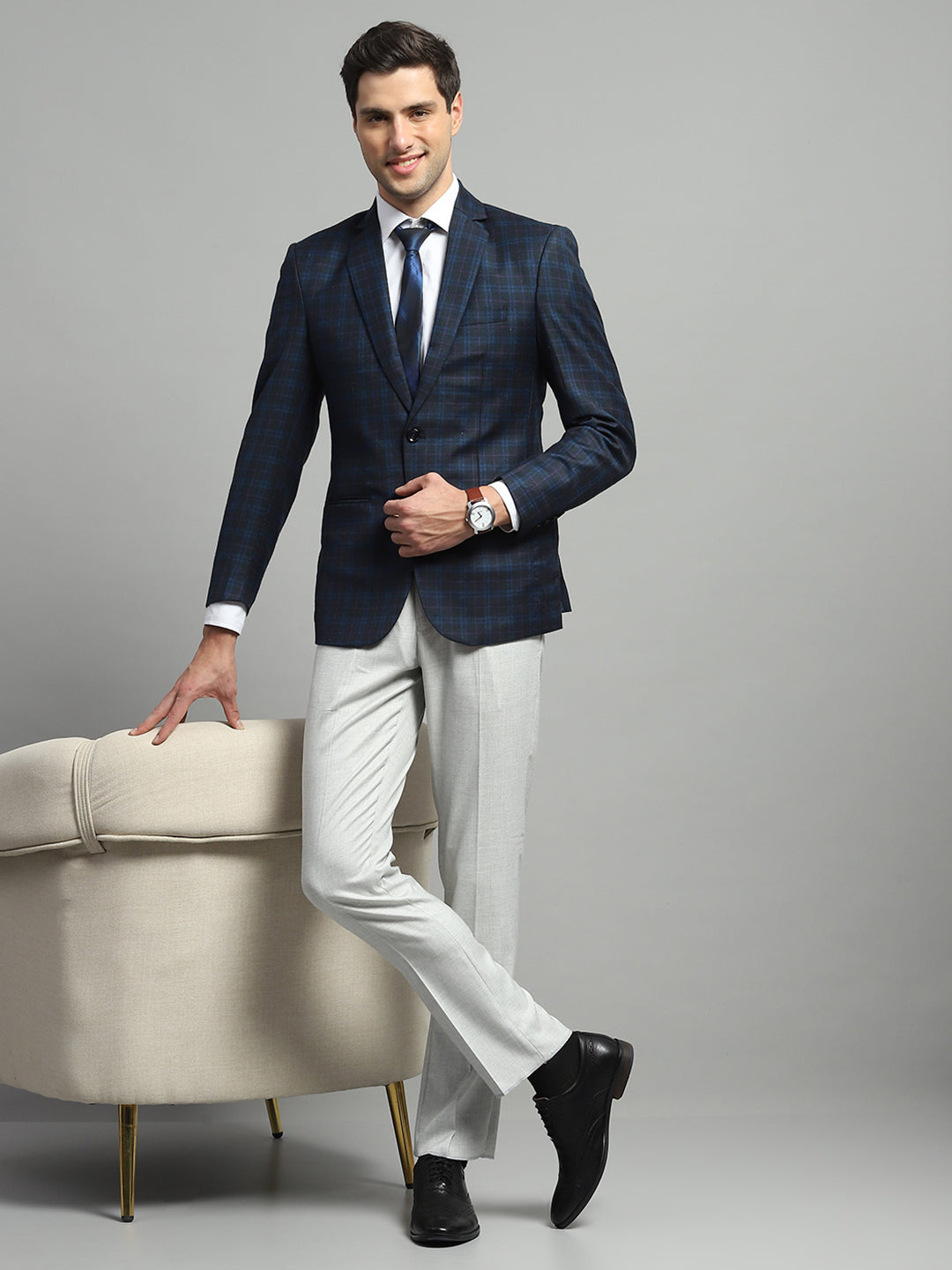 Luxuria Men Blue Solid Notch Lapel Collar Full Sleeve Coat