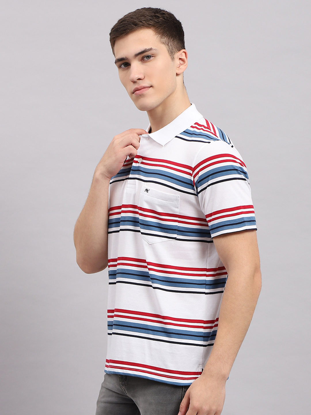 Men White & Blue Stripe Collar Half Sleeve T-Shirt