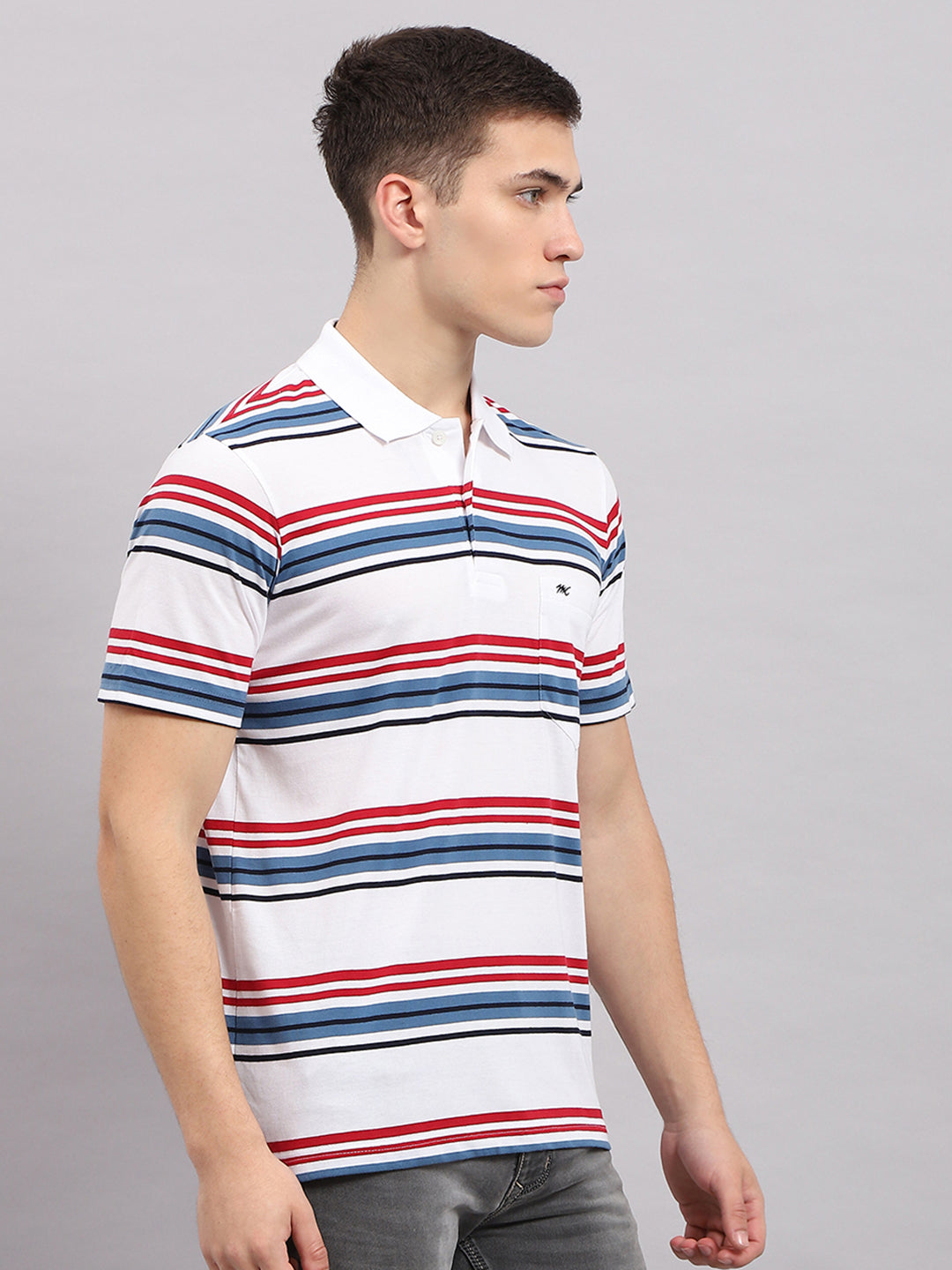 Men White & Blue Stripe Collar Half Sleeve T-Shirt
