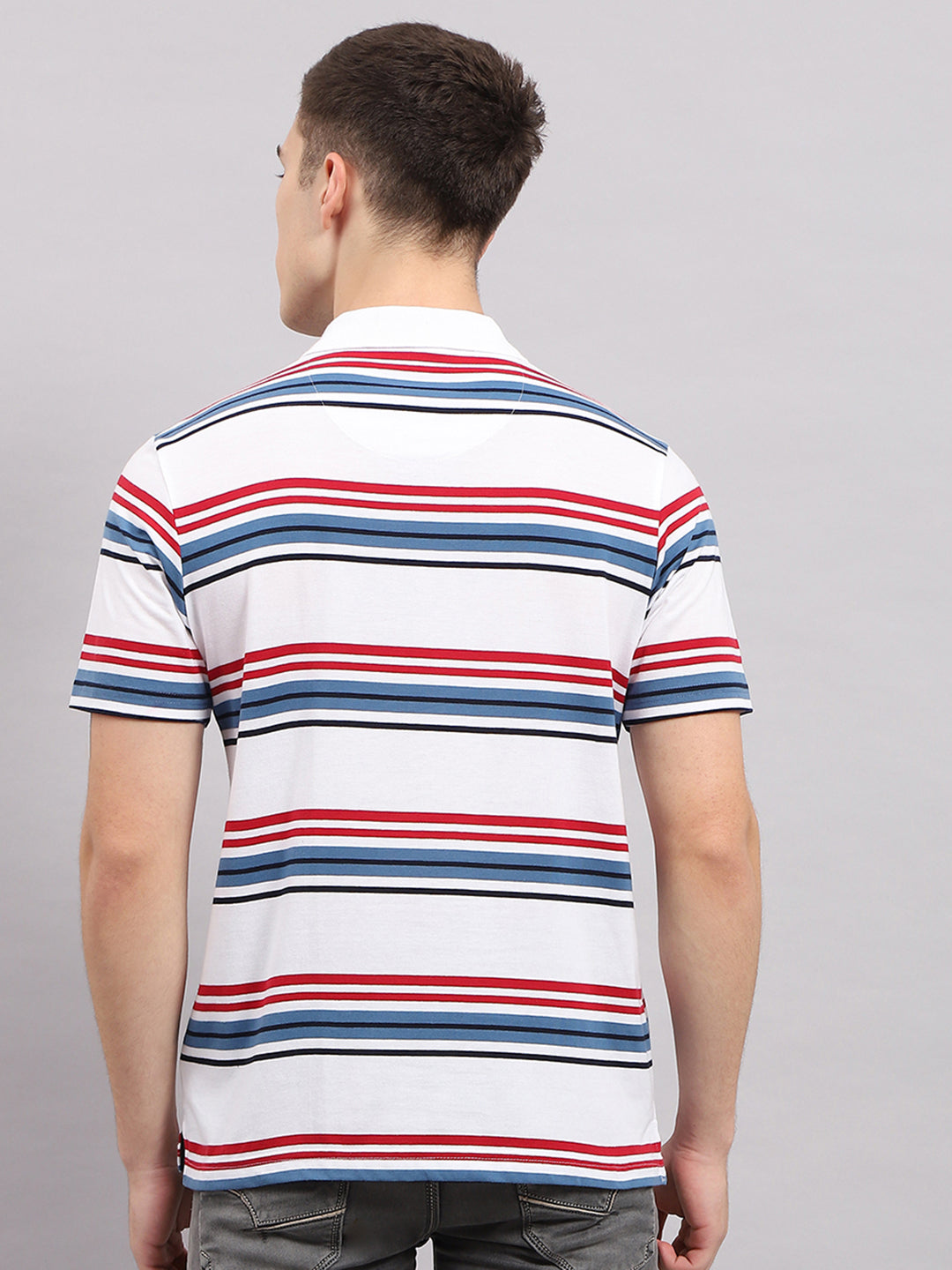 Men White & Blue Stripe Collar Half Sleeve T-Shirt