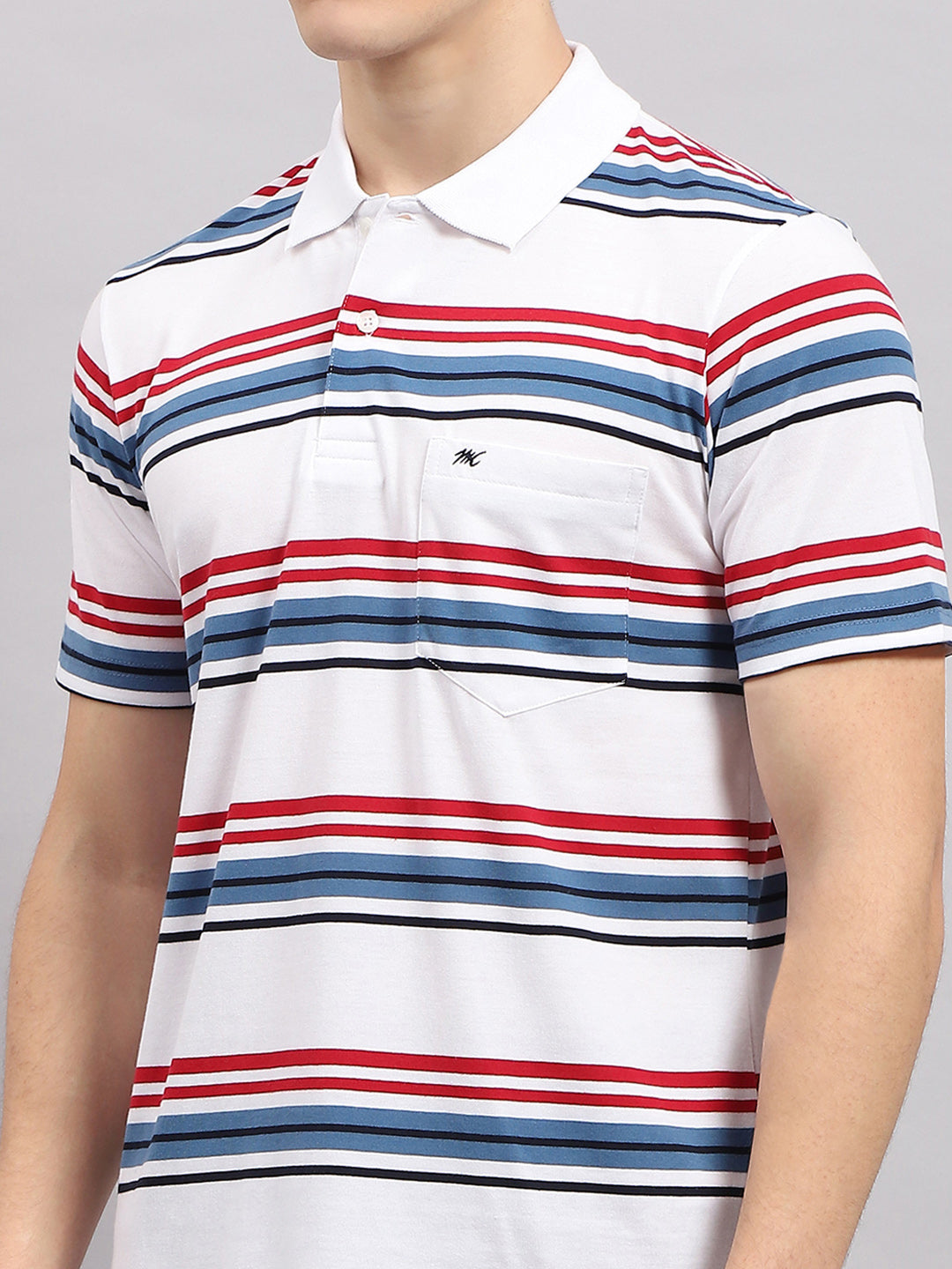 Men White & Blue Stripe Collar Half Sleeve T-Shirt