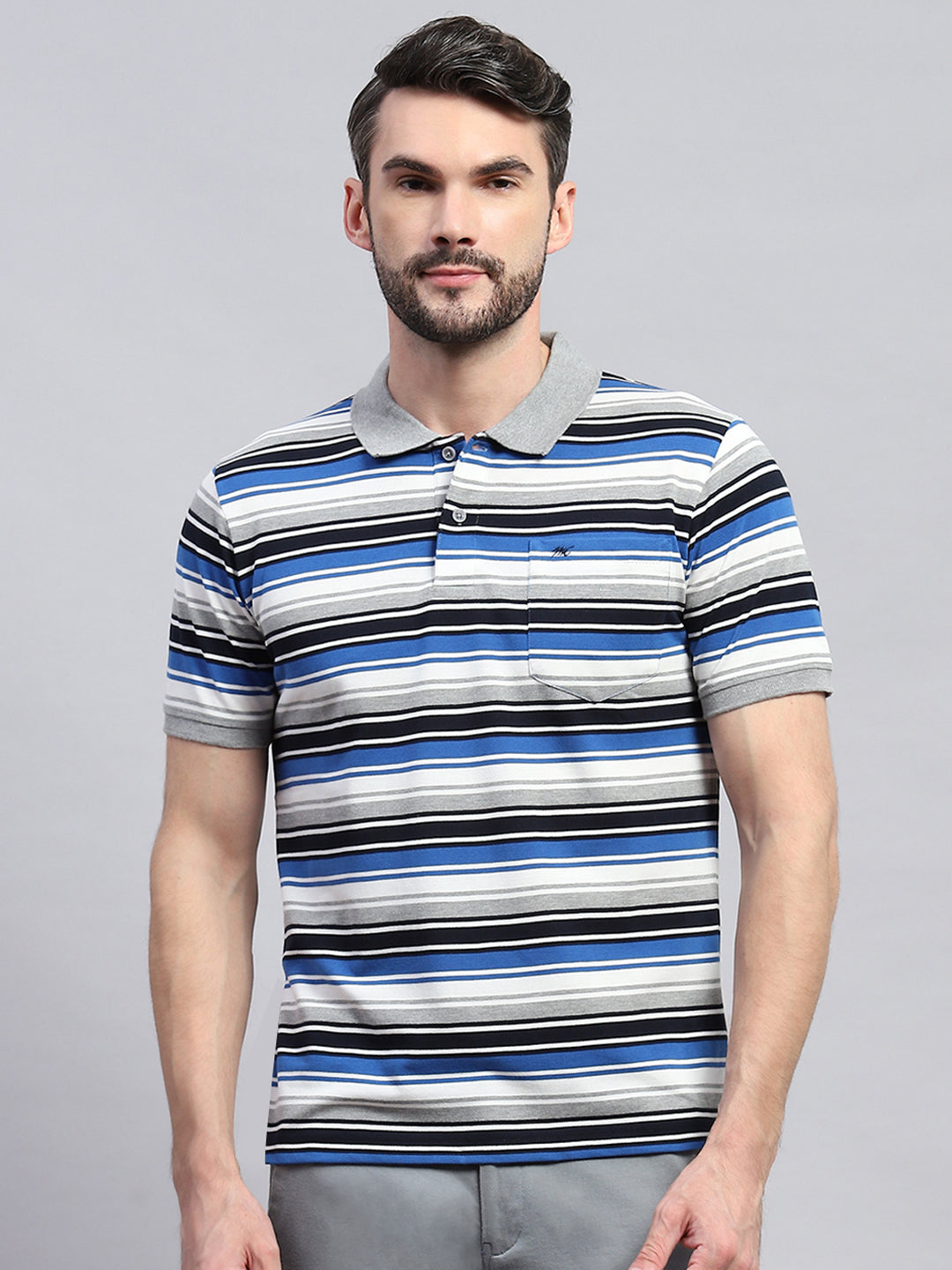 Men Grey & Blue Stripe Collar Half Sleeve T-Shirt