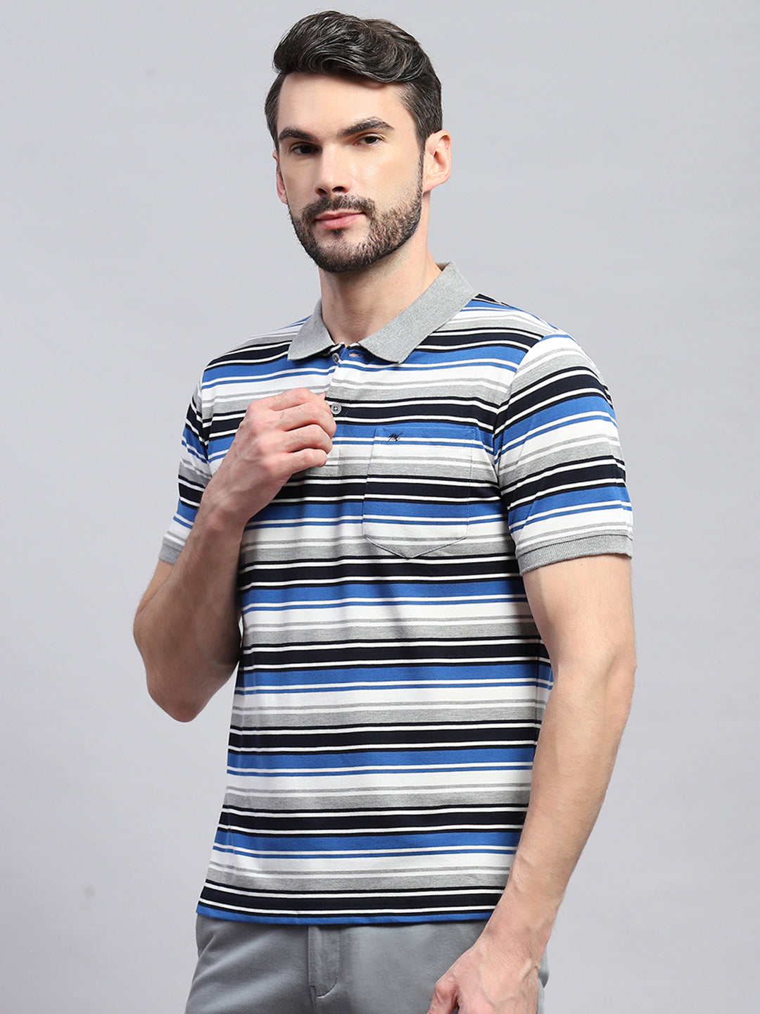 Men Grey & Blue Stripe Collar Half Sleeve T-Shirt
