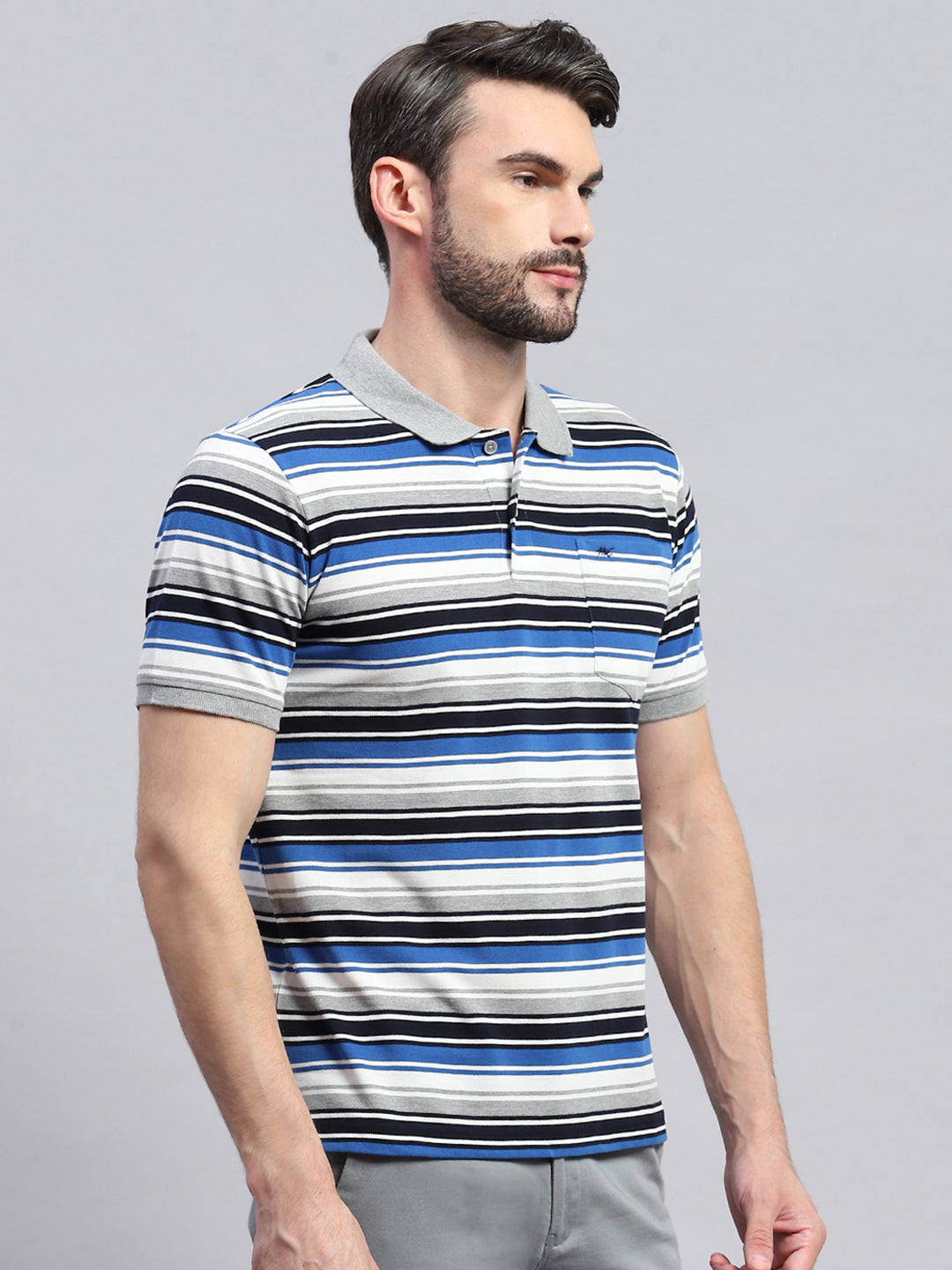 Men Grey & Blue Stripe Collar Half Sleeve T-Shirt