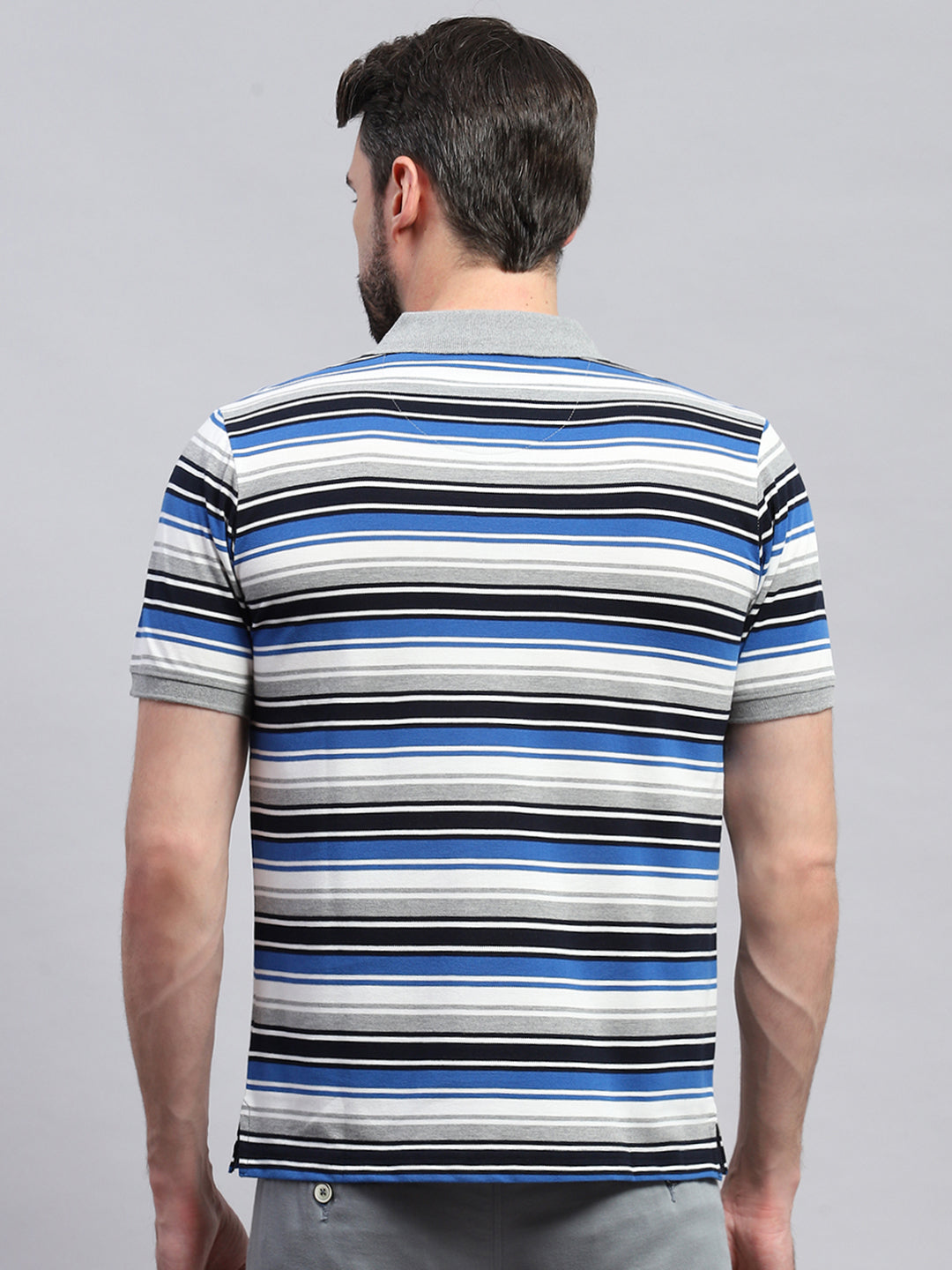 Men Grey & Blue Stripe Collar Half Sleeve T-Shirt