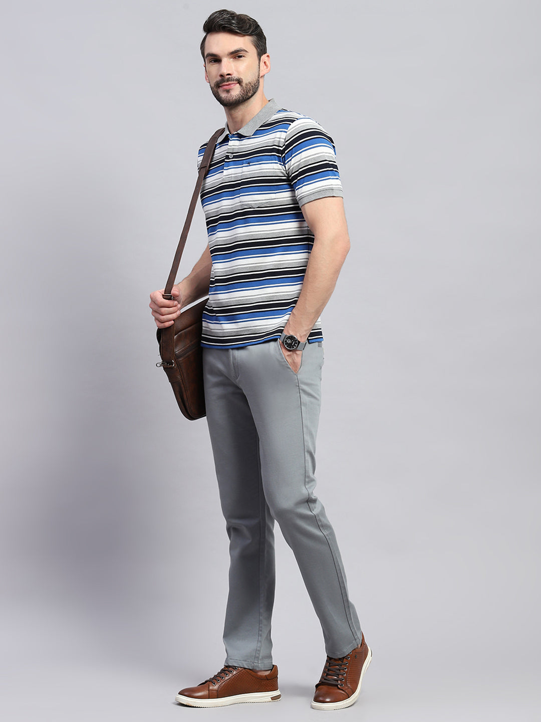 Men Grey & Blue Stripe Collar Half Sleeve T-Shirt