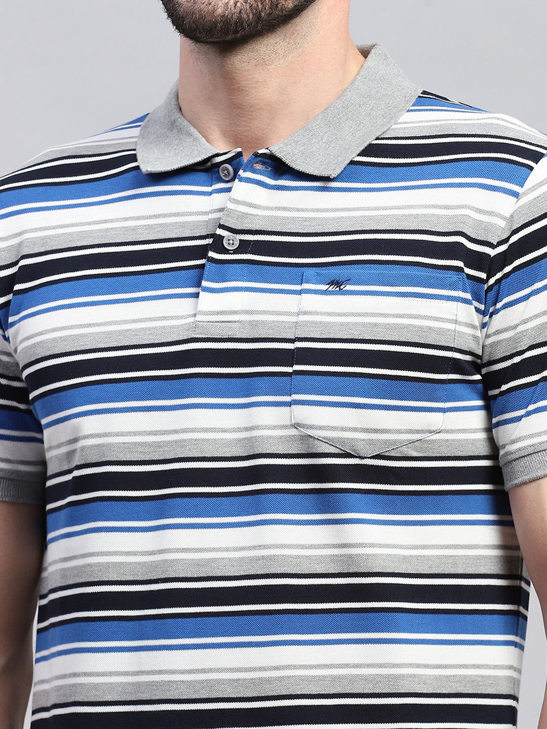 Men Grey & Blue Stripe Collar Half Sleeve T-Shirt