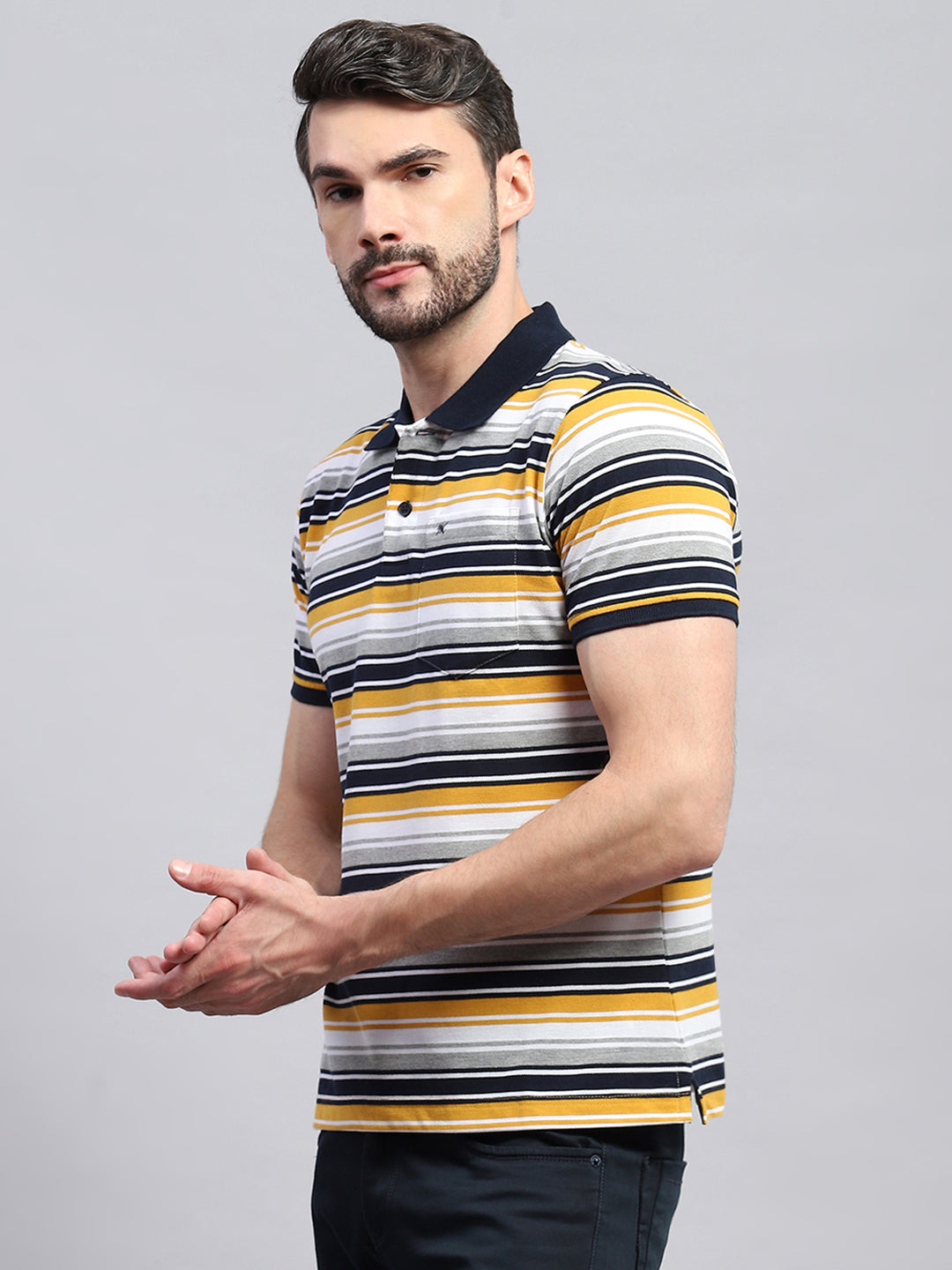 Men Yellow & White Stripe Collar Half Sleeve T-Shirt