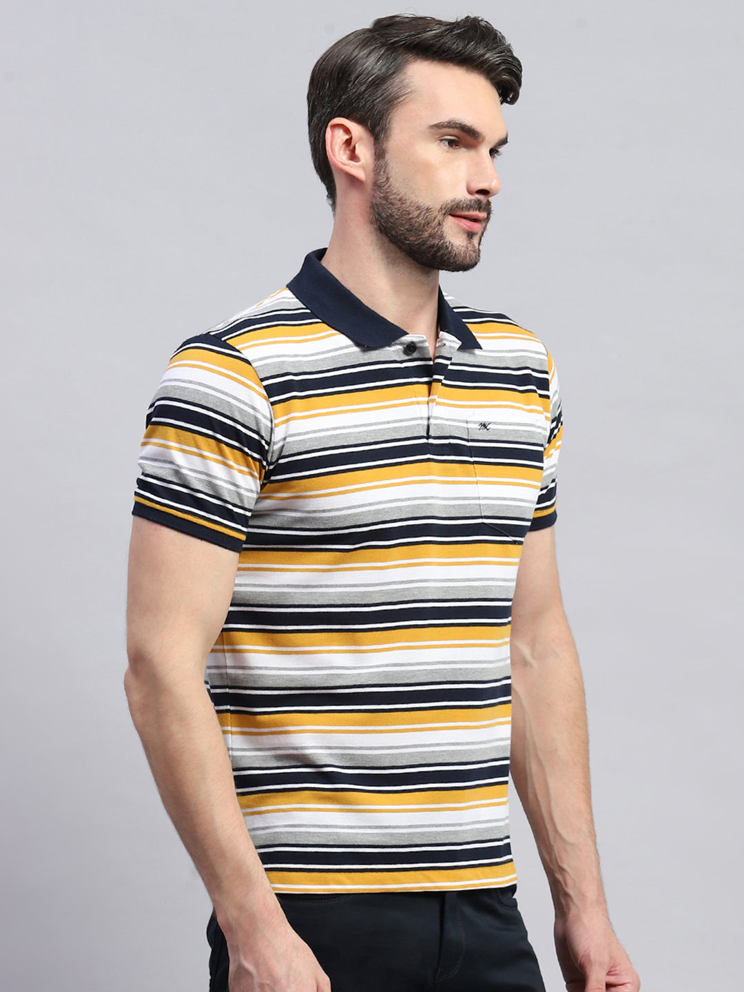 Men Yellow & White Stripe Collar Half Sleeve T-Shirt