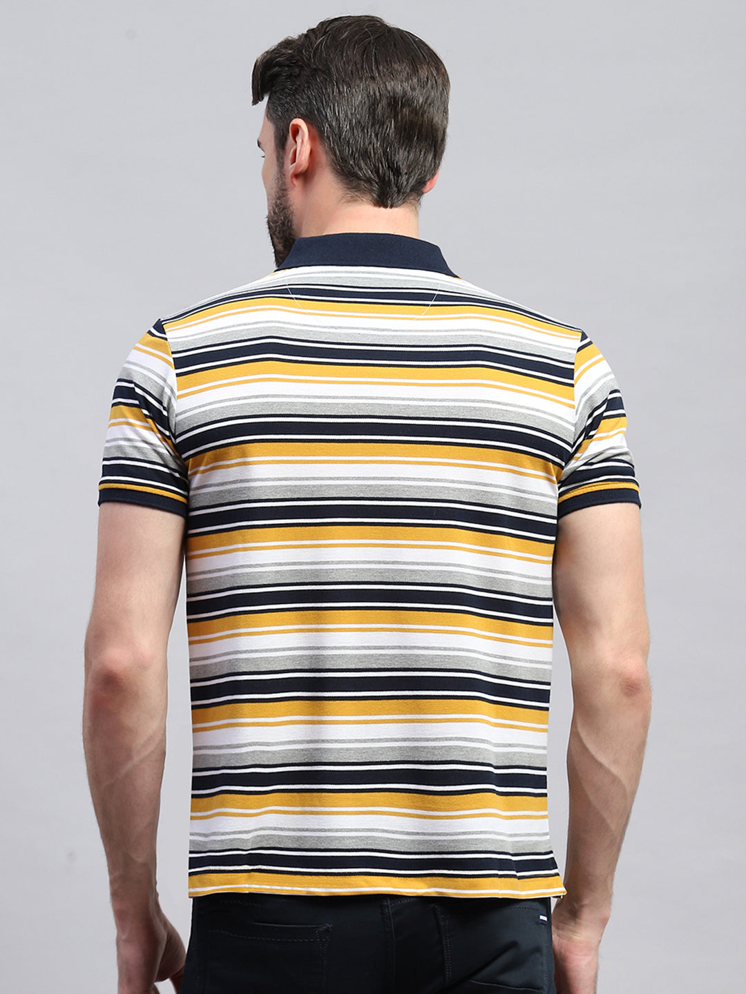 Men Yellow & White Stripe Collar Half Sleeve T-Shirt