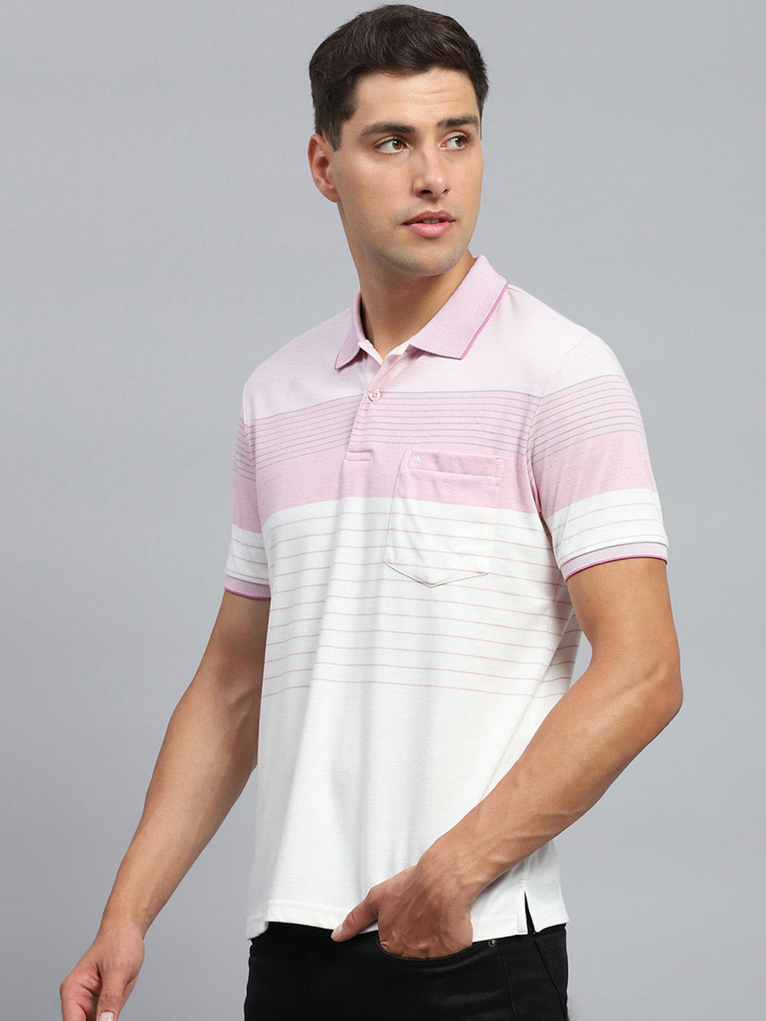 Men Pink Stripe Collar Half Sleeve T-Shirt