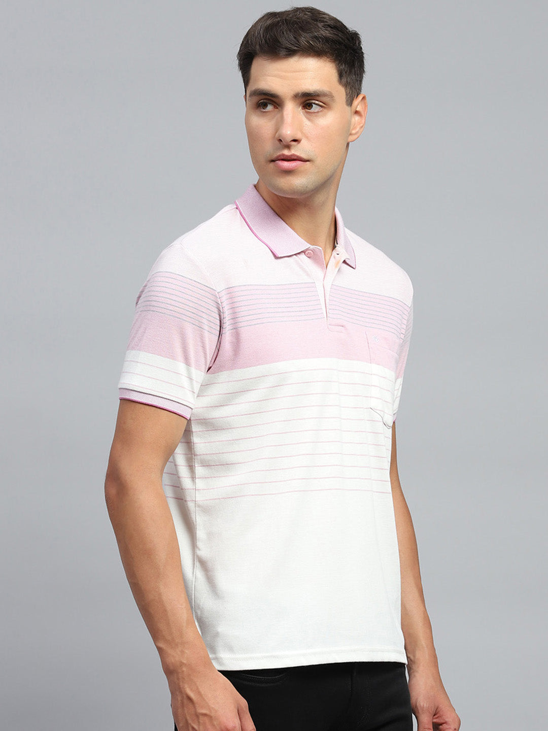 Men Pink Stripe Collar Half Sleeve T-Shirt