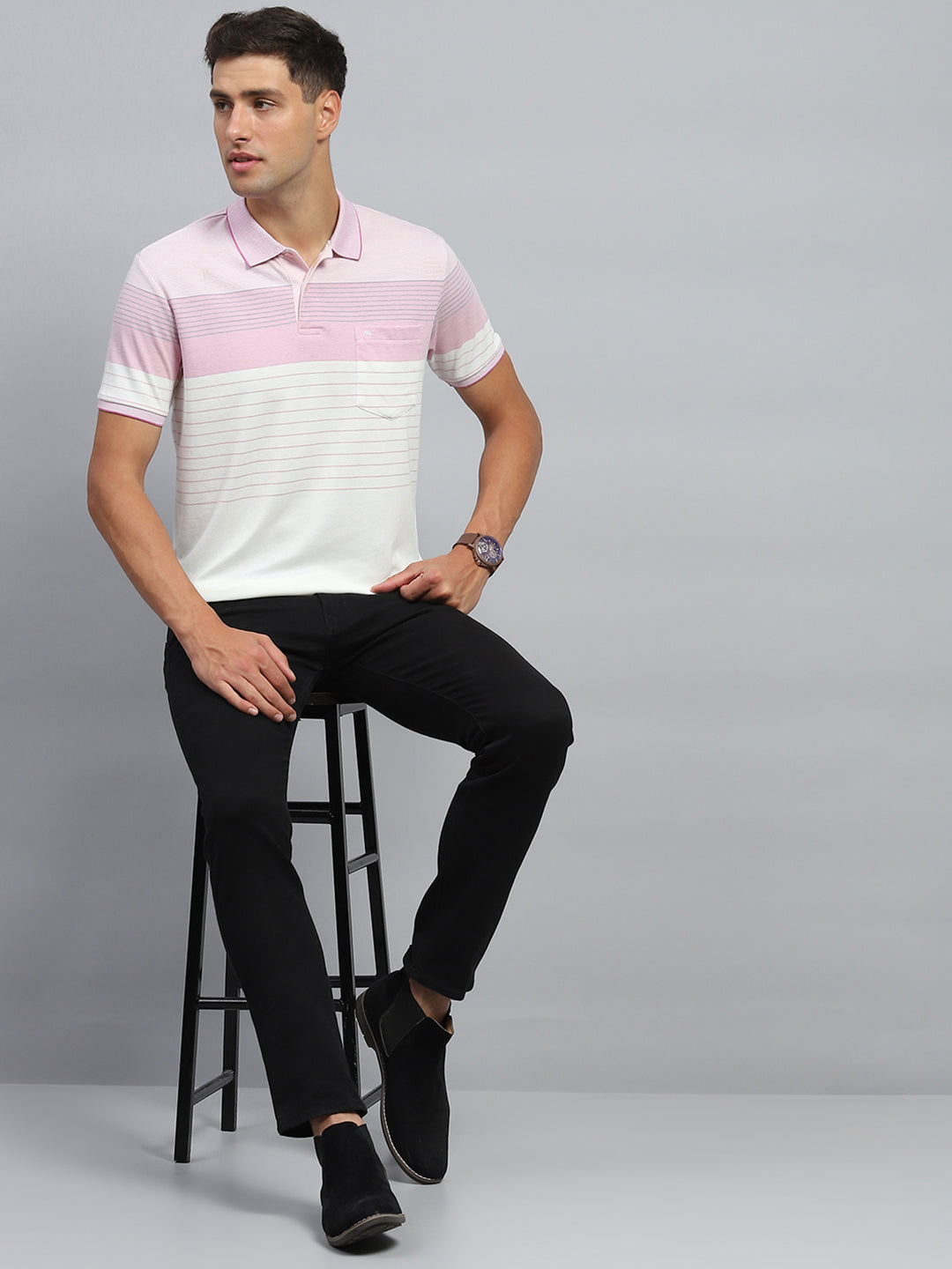Men Pink Stripe Collar Half Sleeve T-Shirt