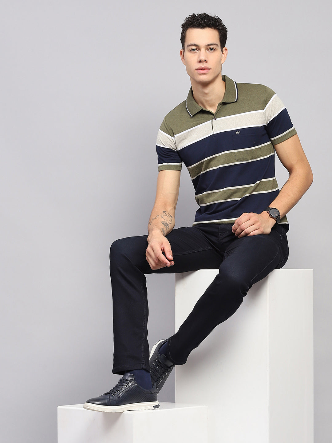Men Green Stripe Collar Half Sleeve T-Shirt
