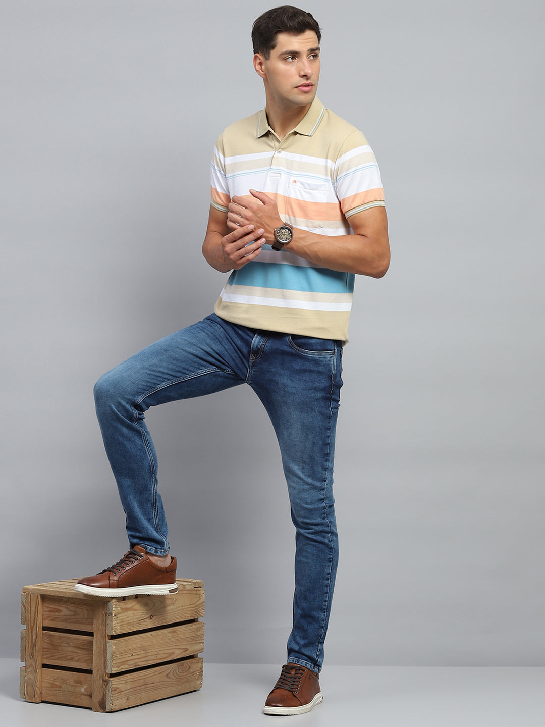 Men Beige Stripe Collar Half Sleeve T-Shirt