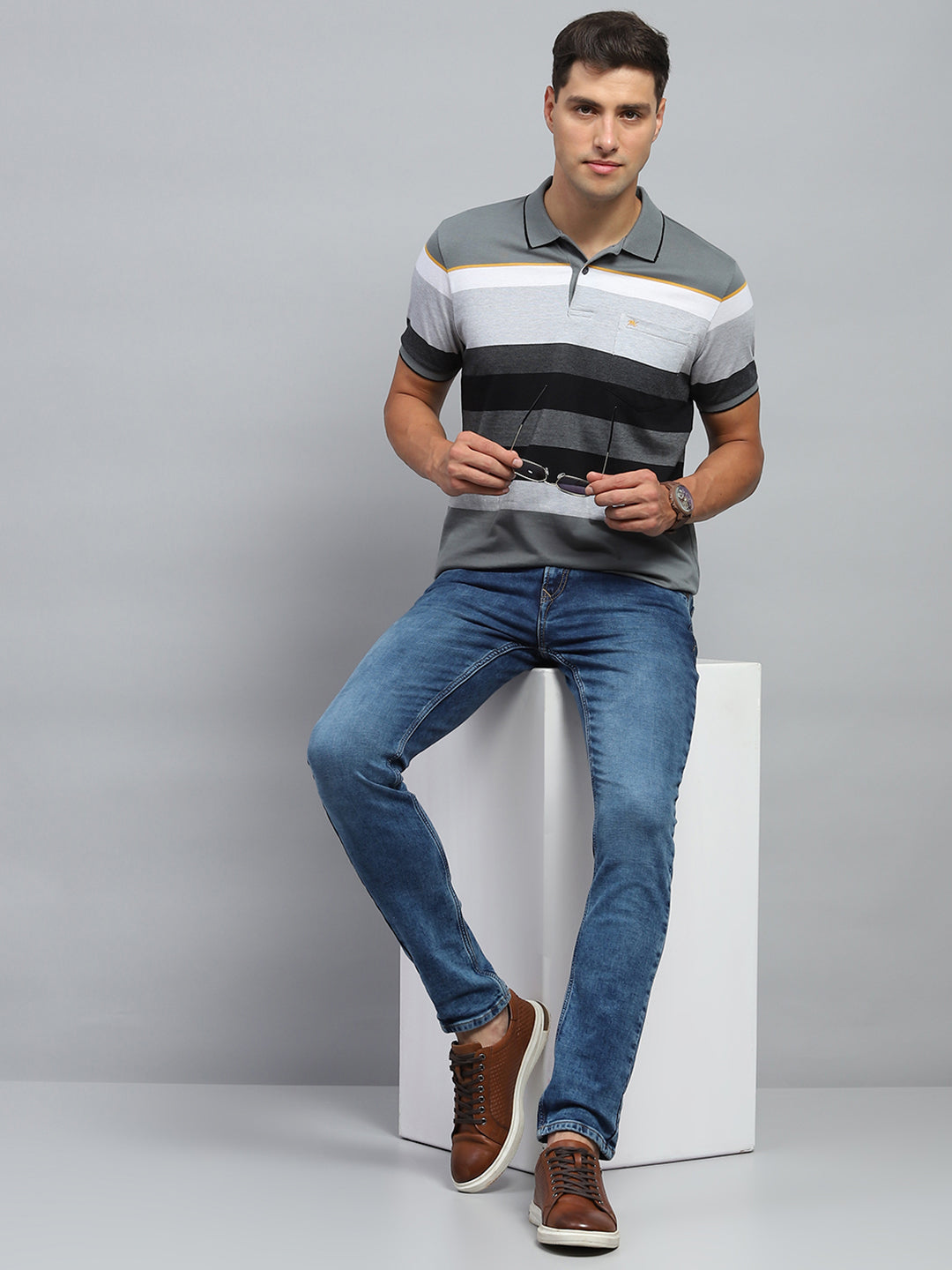 Men Grey Stripe Collar Half Sleeve T-Shirt