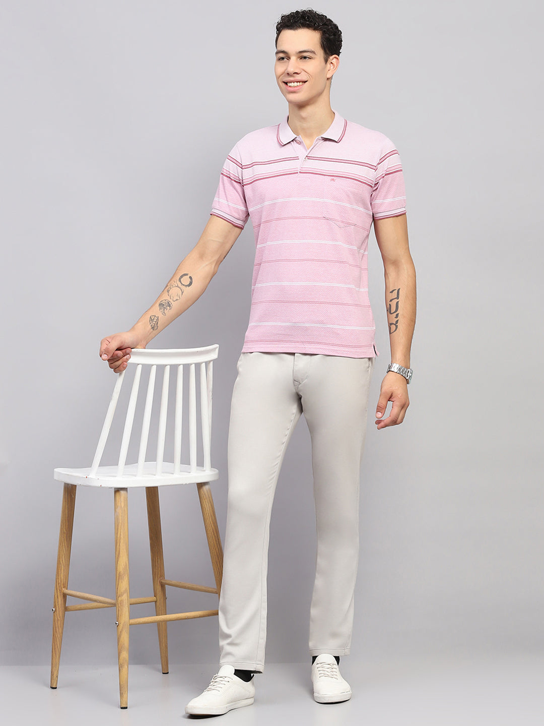Men Pink Stripe Collar Half Sleeve T-Shirt