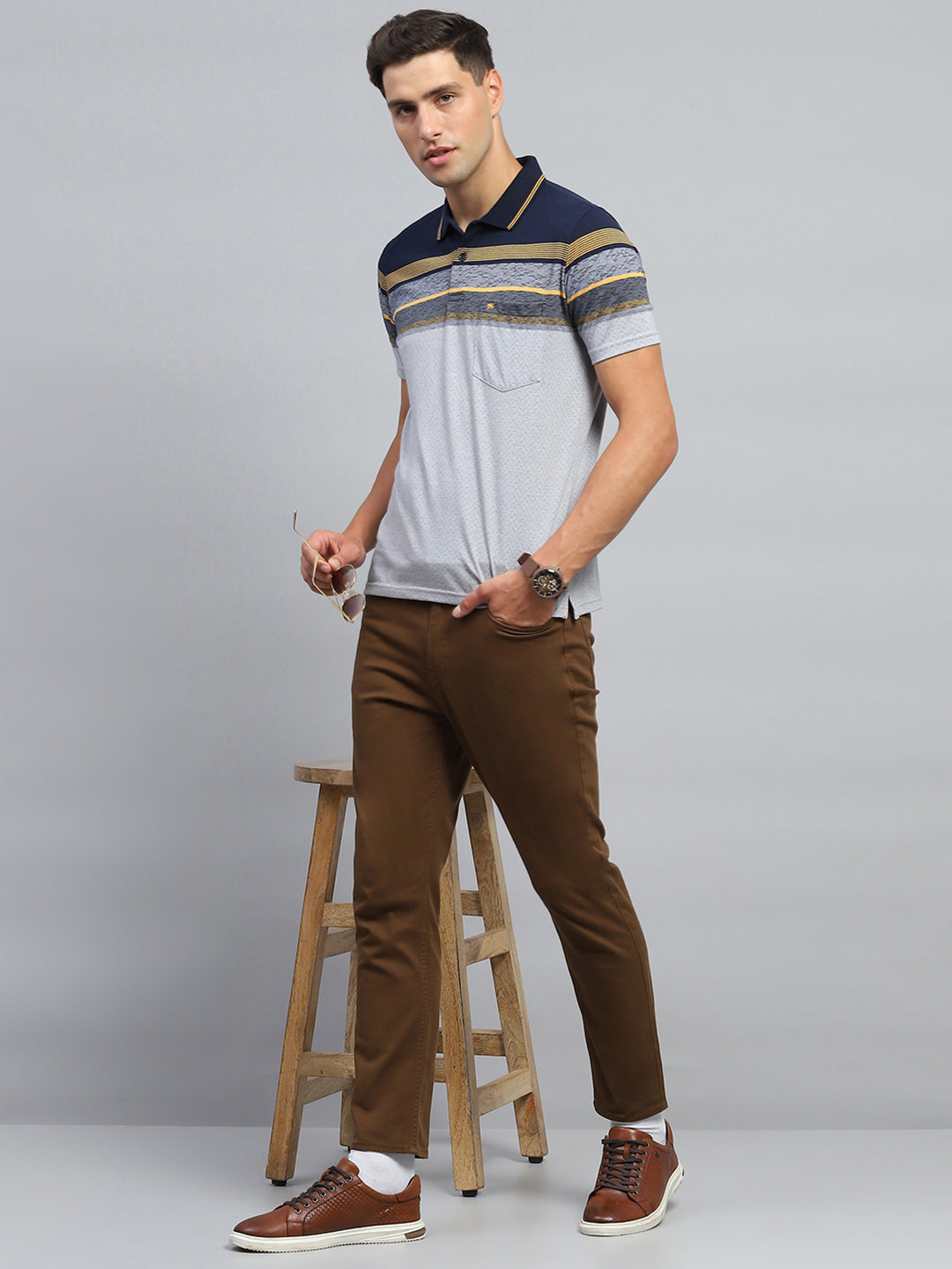 Men Navy Blue Stripe Collar Half Sleeve T-Shirt