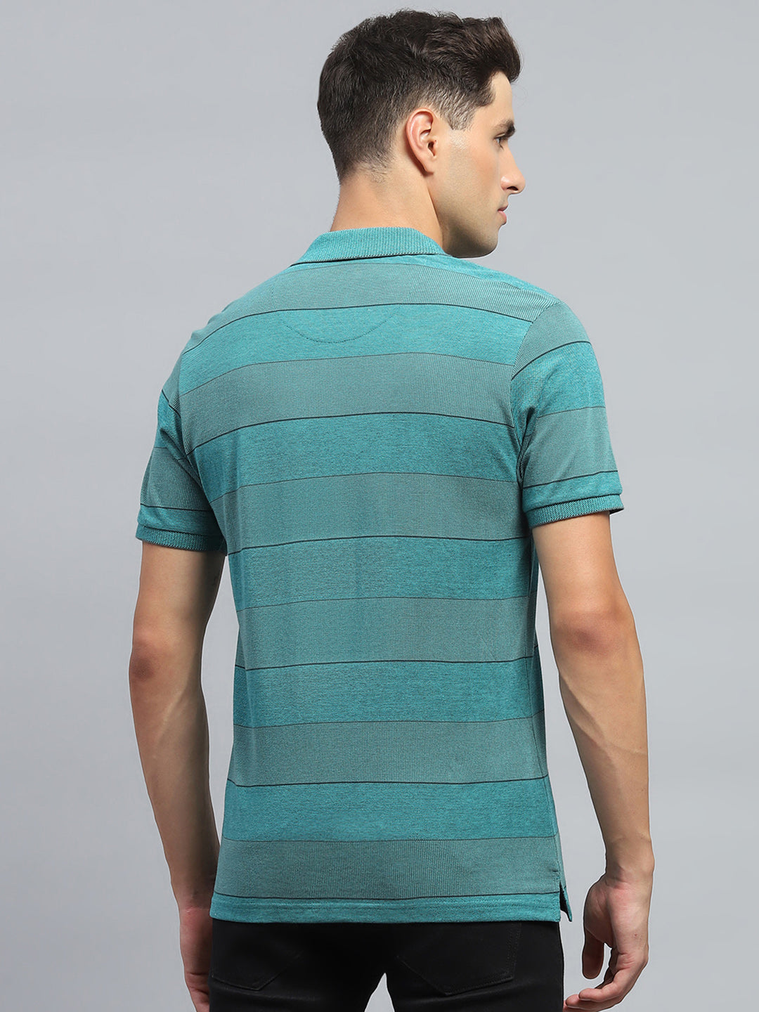 Men Green Stripe Collar Half Sleeve T-Shirt