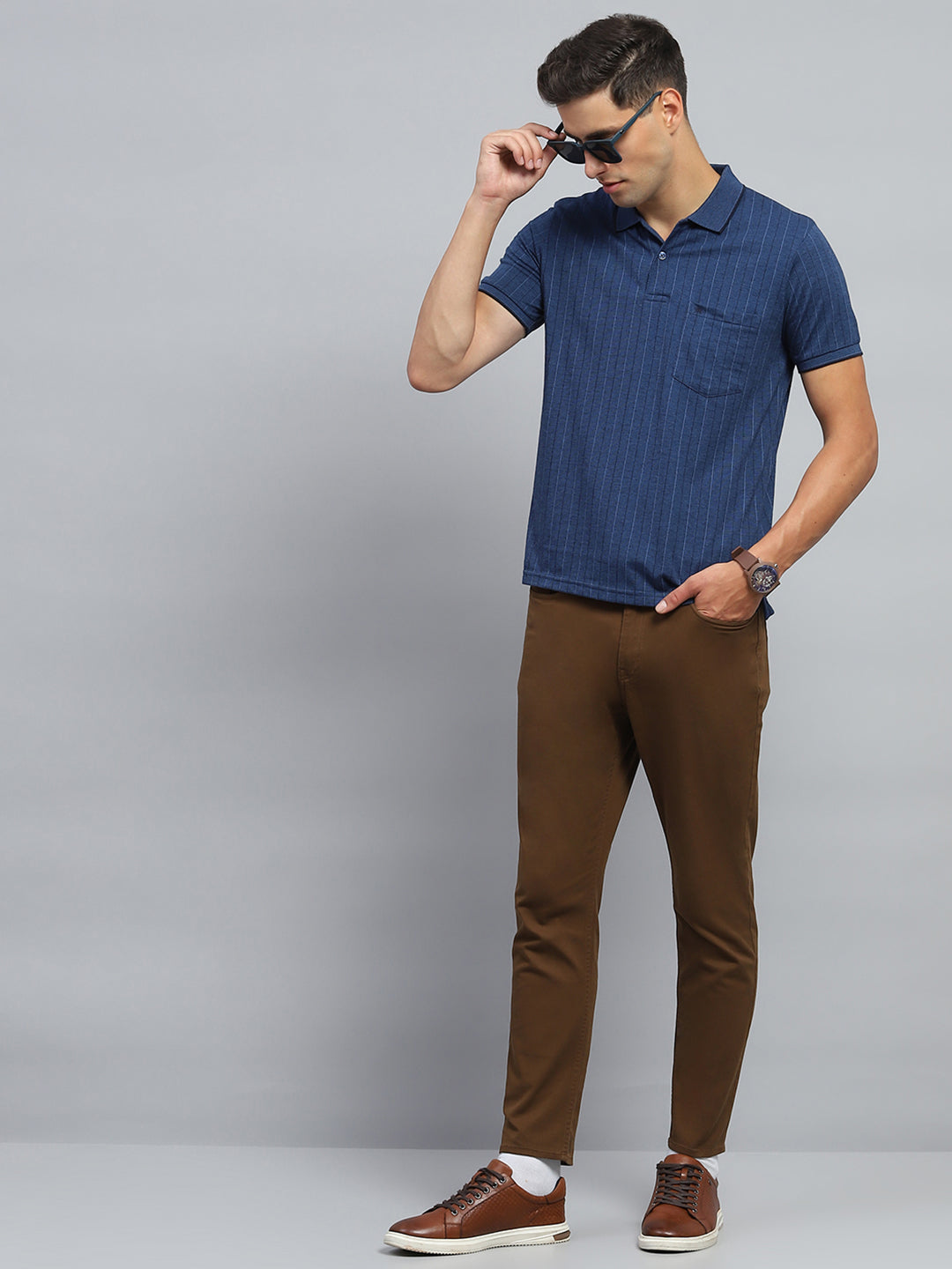 Men Blue Stripe Collar Half Sleeve T-Shirt