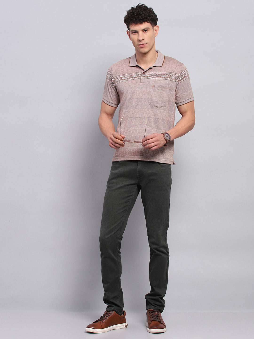 Men Brown Stripe Collar Half Sleeve T-Shirt