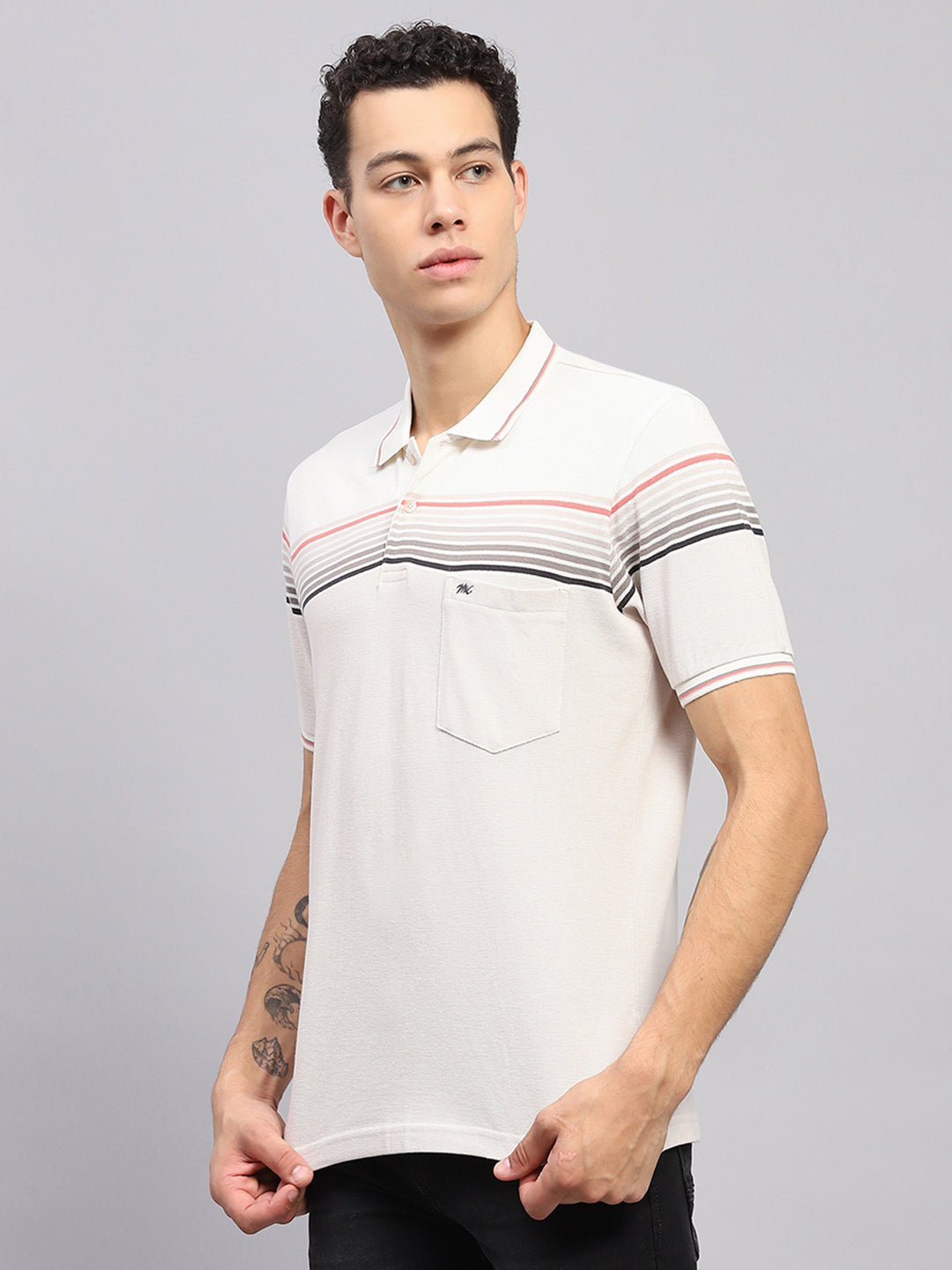 Men White Stripe Collar Half Sleeve T-Shirt