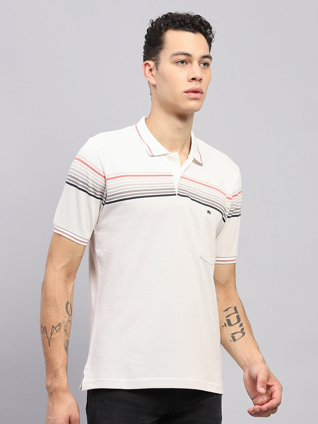 Men White Stripe Collar Half Sleeve T-Shirt