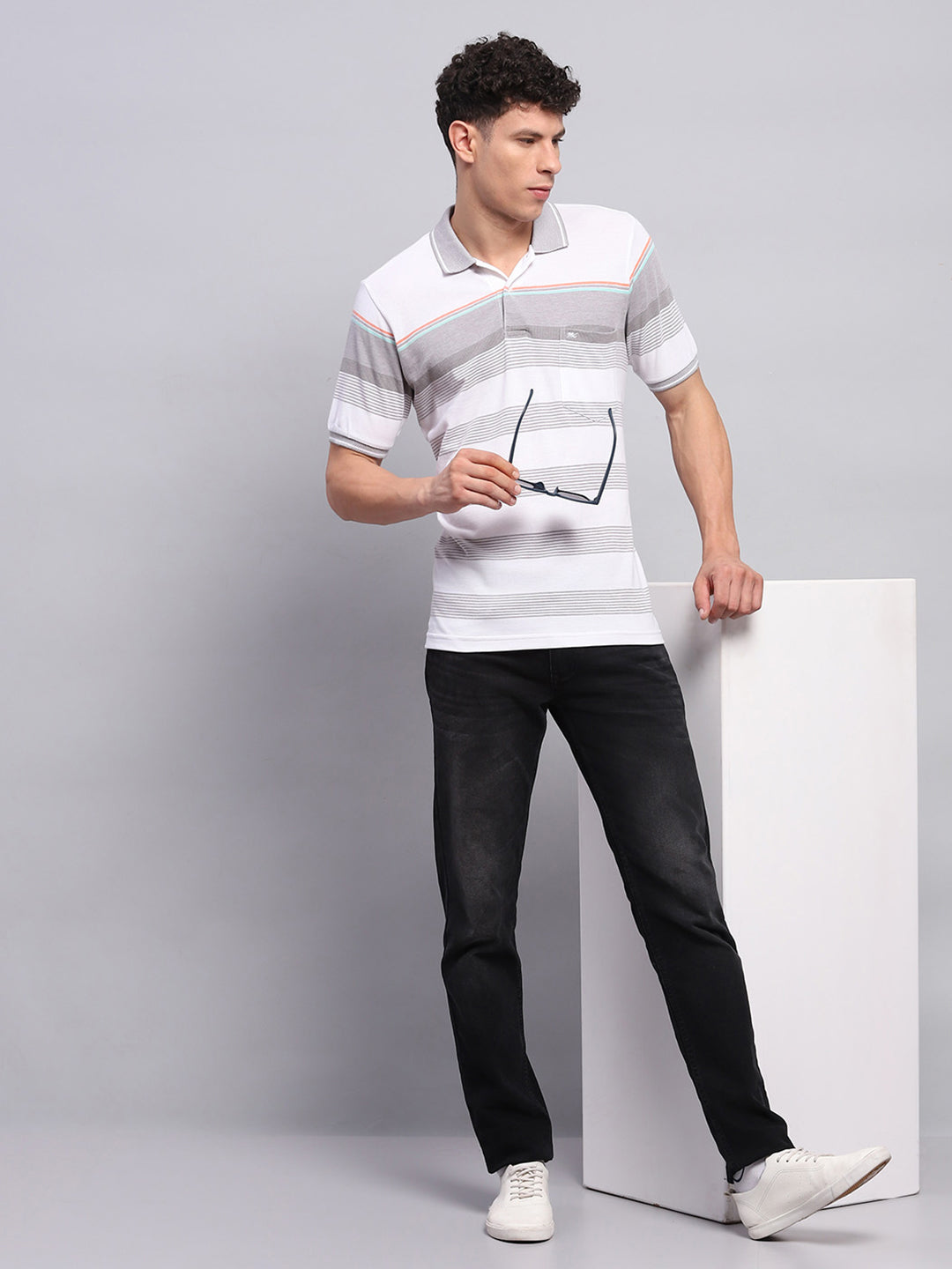 Men Grey Stripe Collar Half Sleeve T-Shirt